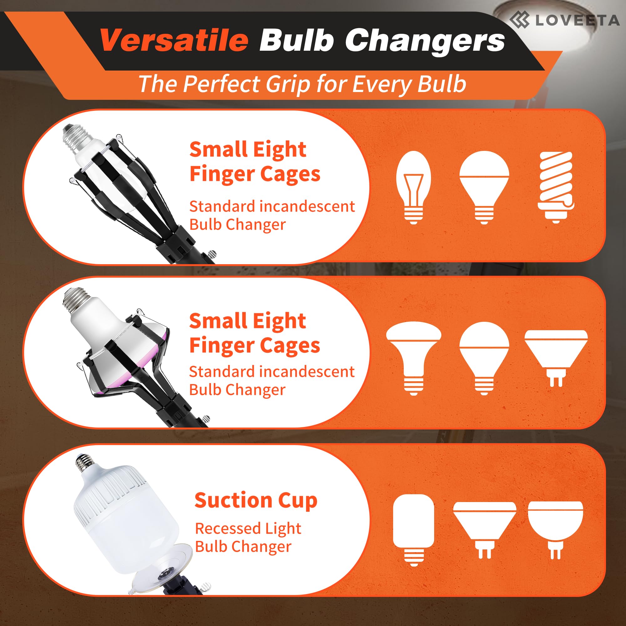 LOVEETA® Extendable Light Bulb Changer Pole, 12Ft (18Ft Reach), Aluminum, Jet Black, Model LBC1 for High Ceilings and Chandeliers