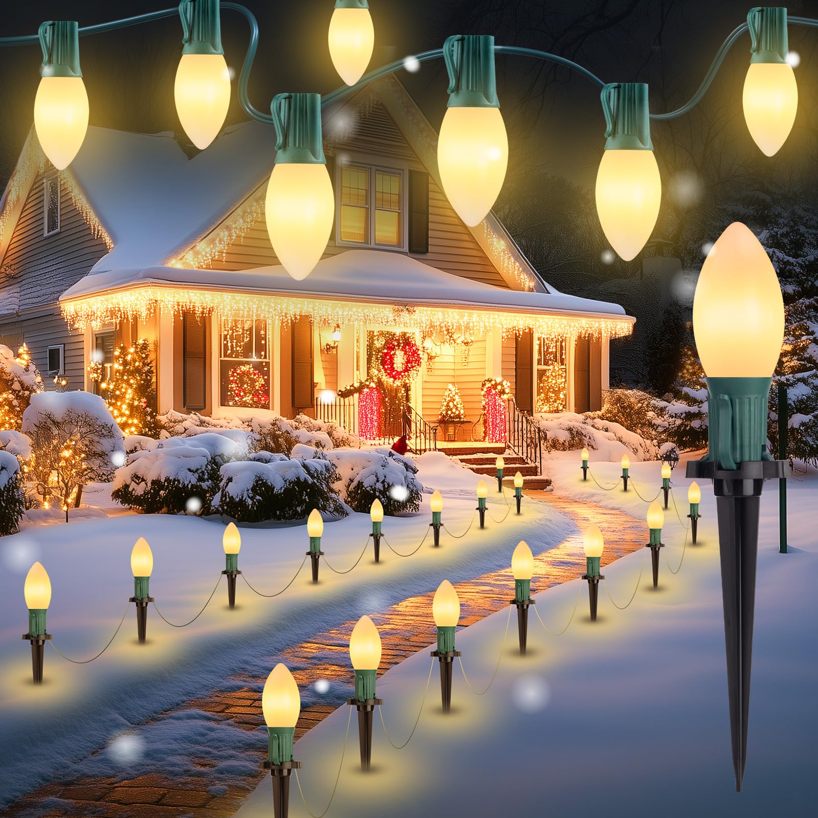 Brightown C9 LED Christmas Lights, 64ft, 50 Bulbs, Frosted Warm White, 2 Packs, Outdoor Pathway Decorations, Model GYPI-O20LAU