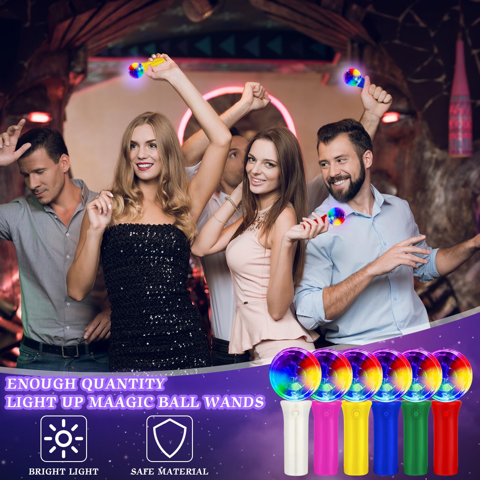 Baquler LED Disco Ball Wand - 12 Pcs Flashing Light Up Accessories, Colorful, Small, Plastic for Parties and Stage Props