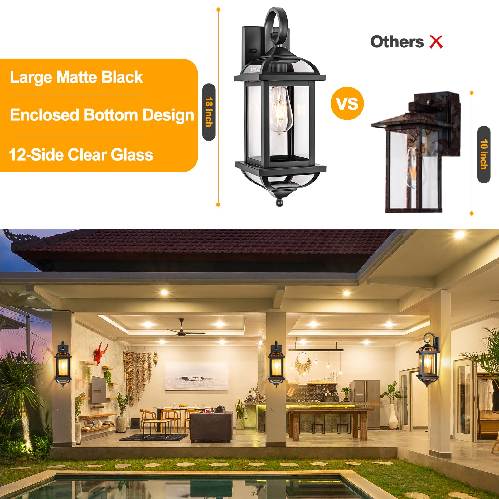 Roravilila 18” Black Porch Lights, Waterproof Aluminum Lanterns, 2-Pack Outdoor Fixtures