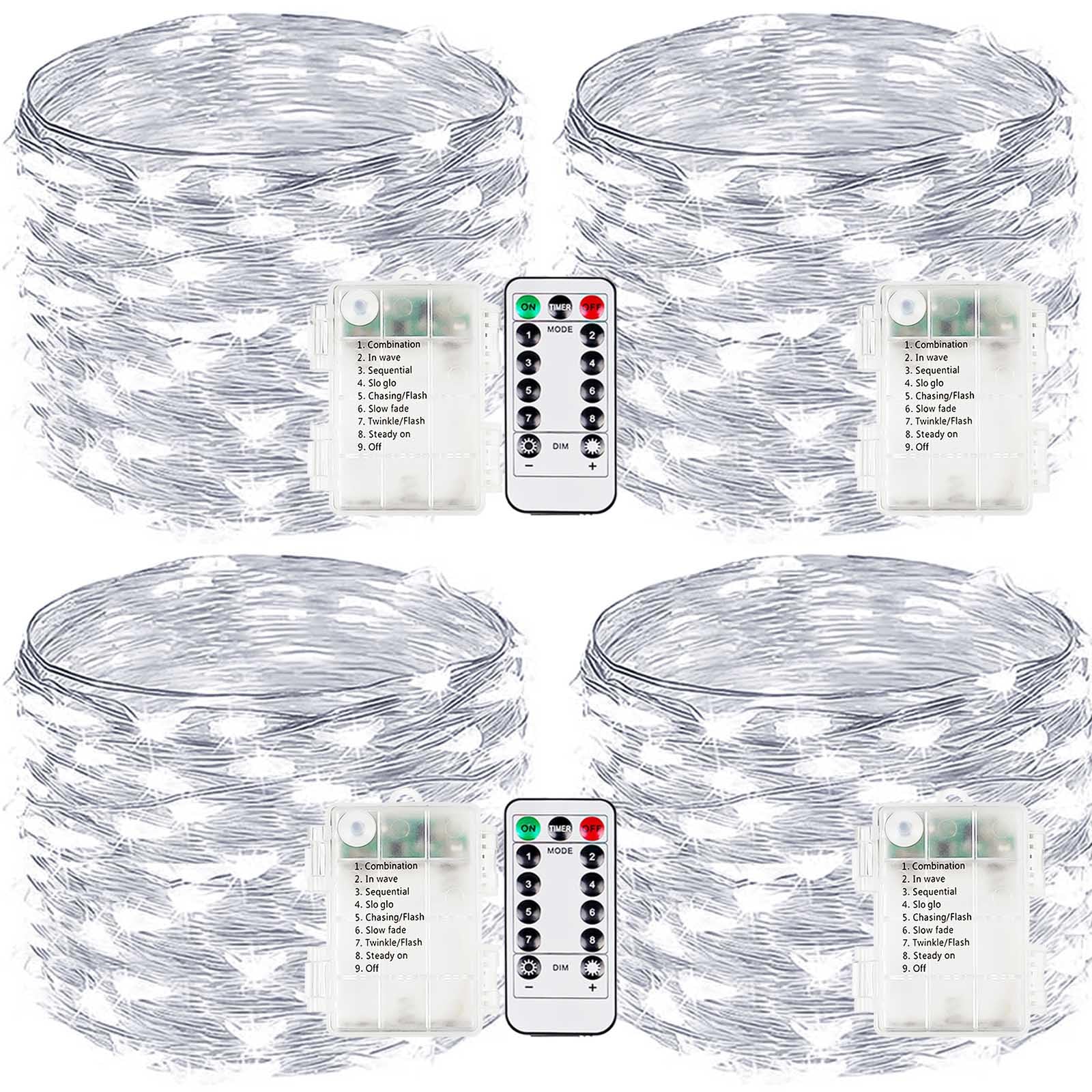 4-Pack Fairy Lights Battery Operated with Remote, Waterproof 33FT 100 LED Battery String Lights Outdoor Indoor, 8 Modes Twinkle Lights with Timer for DIY Home Centerpiece Christmas Decor (Cool White)