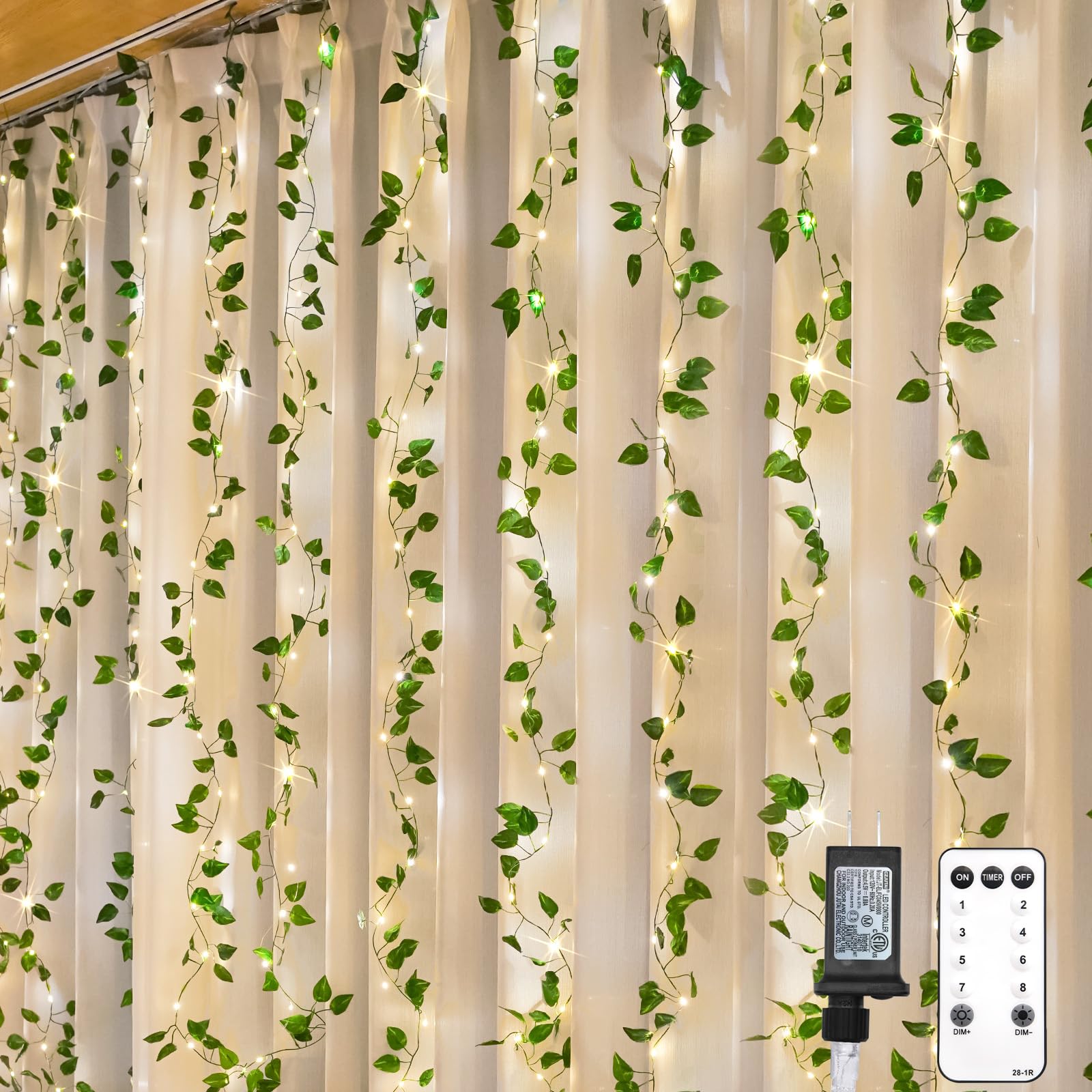 suddus 200 LED Vine with Light Plug in  6.5ft x 6.5ft Pothos Fairy Curtain Lights with Remote  Leaf Fairy Lights for Wall Bedroom  Dorm  Wedding  Party  Indoor Decor(Warm White)