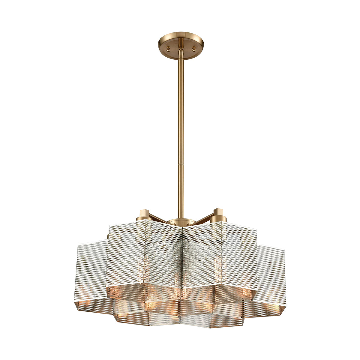 Elk Home Compartir 7-Light Chandelier - In Satin Brass Finish, With Polished Nickel Perforated Metal Shade, Modern/Contemporary Style