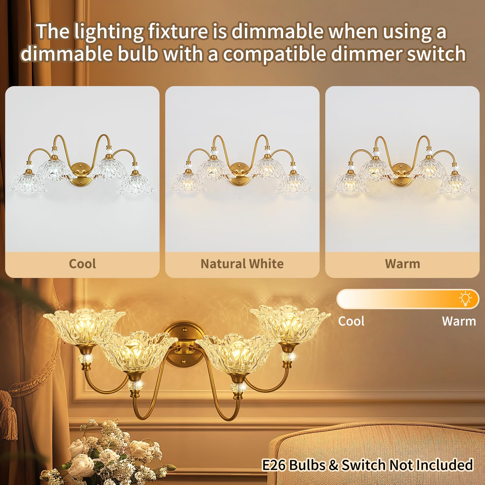 sunkryster 4-Light Vintage Bathroom Vanity Light, Matte Brass Finish, Floral Glass Shades, Retro Wall Mount, Model Sun-104AB-Brass-4