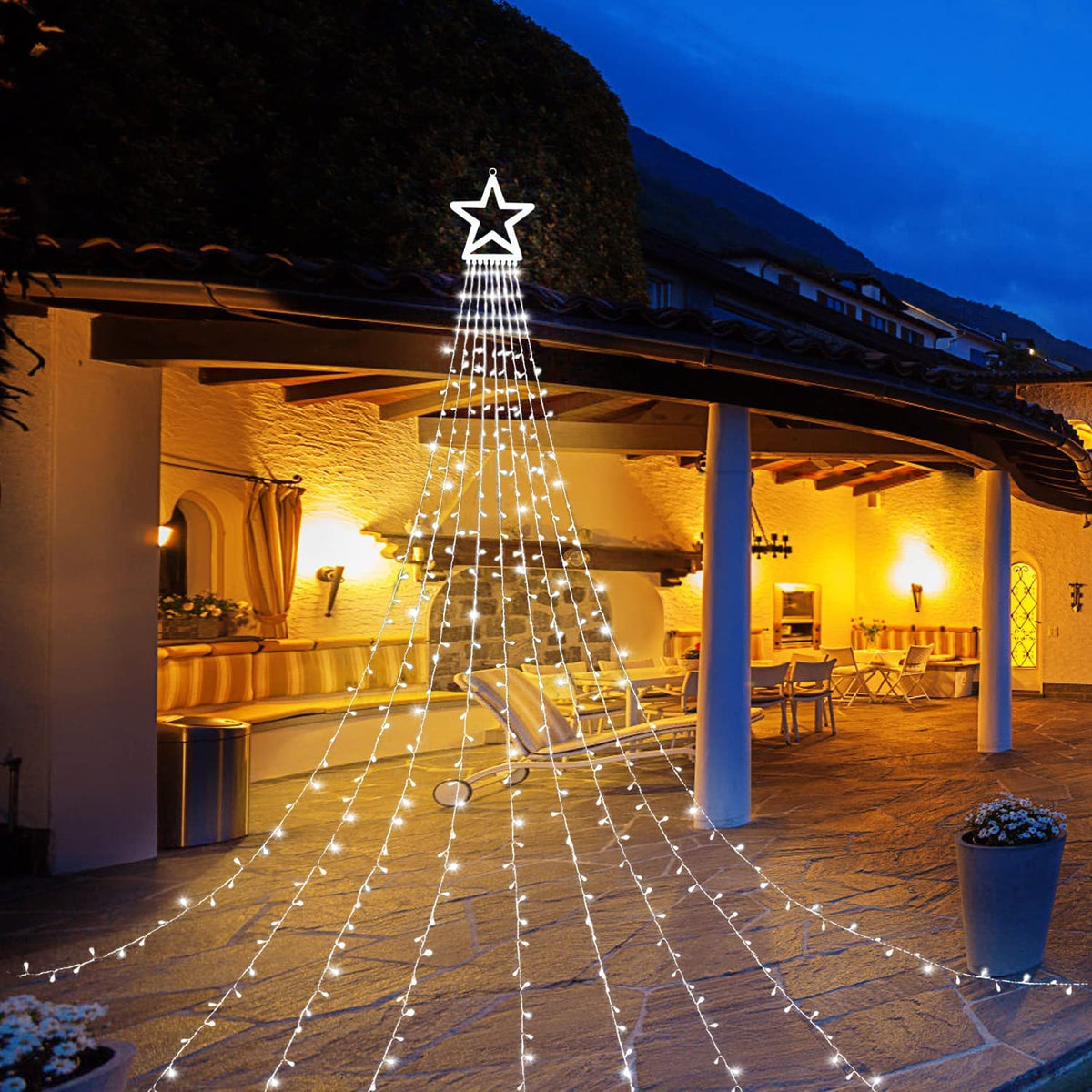 (2023 NEW)Outdoor Christmas Decoration Star String Lights,320 LED 16.4ft Christmas Lights Waterfall Tree Lights with 13&quot; Topper Star,Plug-in Hanging Fairy Lights for Xmas New Year Holiday Party