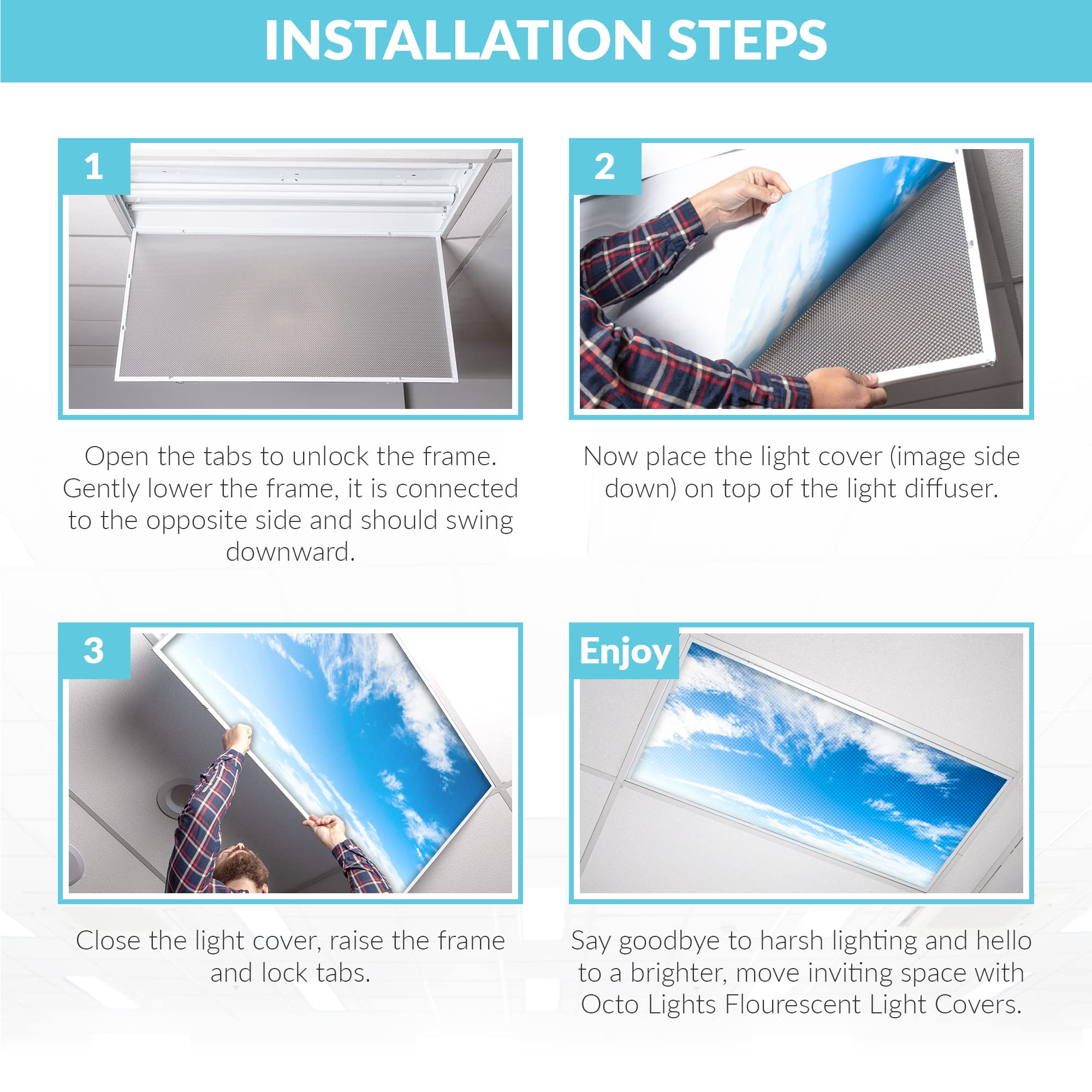 OCTO LIGHTS Fluorescent Light Covers, 2x4, Backlit Film, Cirrus Skyscape, Model CLD-004-2x4, Classroom Use, Improve Focus