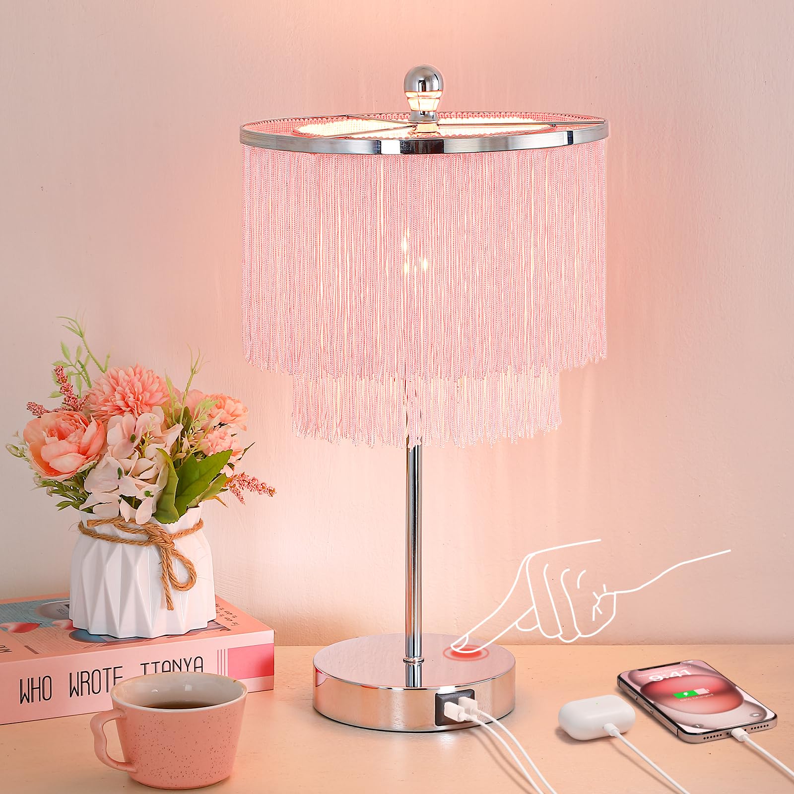 Pink Lamp for Girls Room, 3-Way Dimmable Touch Lamps with USB Port, Girls Lamp with Tassel Lampshade, Pink Table Lamp for Bedroo