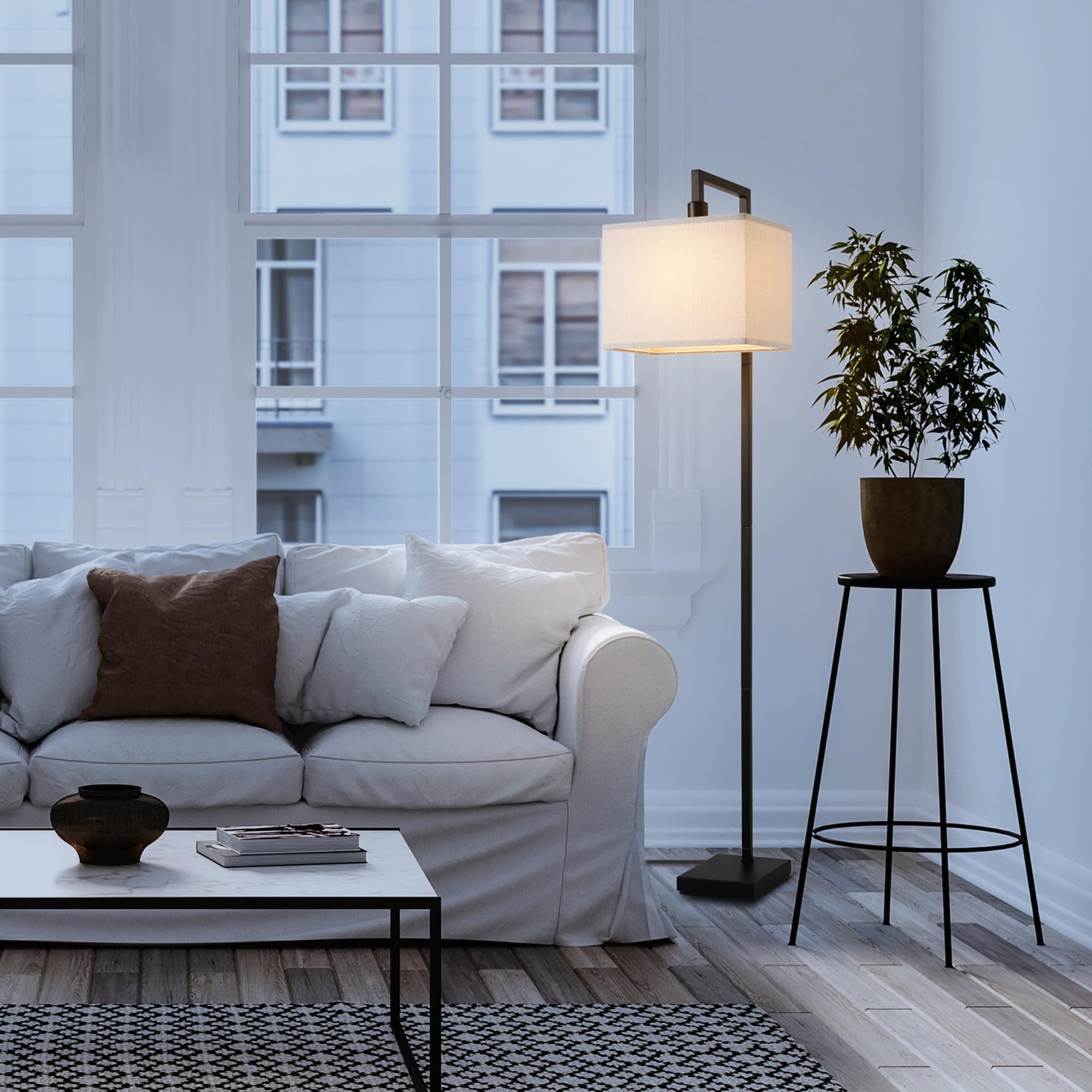 GLOBE 60" Floor Lamp, Matte Black Metal with Square White Fabric Shade, Model 61000052
