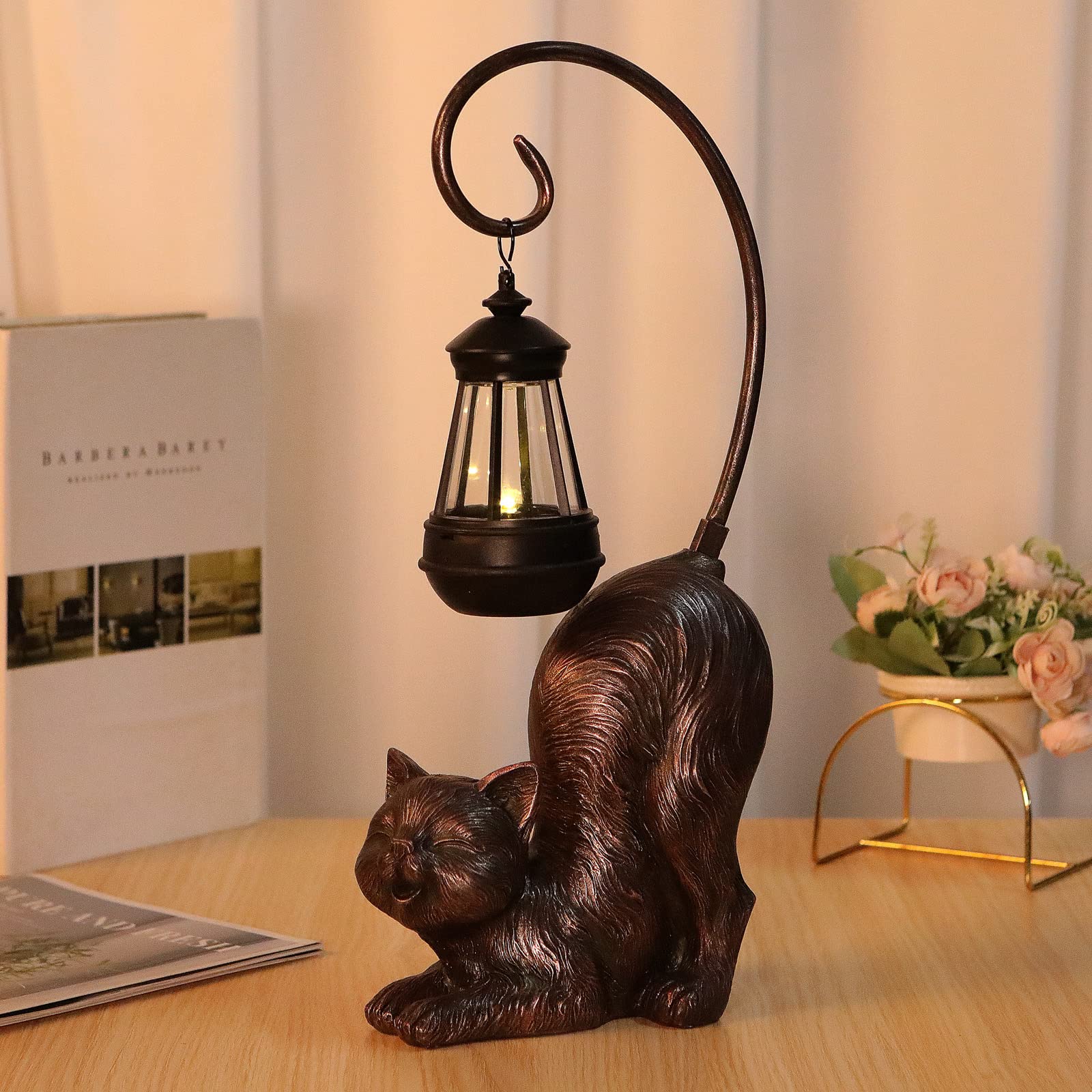 Hapyard Laughing Cat Figurine With Solar-Powered Led Light, 15.7 Inches Tall Antique Bronze, Perfect For Gift Garden Decor Or Housewarming For Cat Lovers.