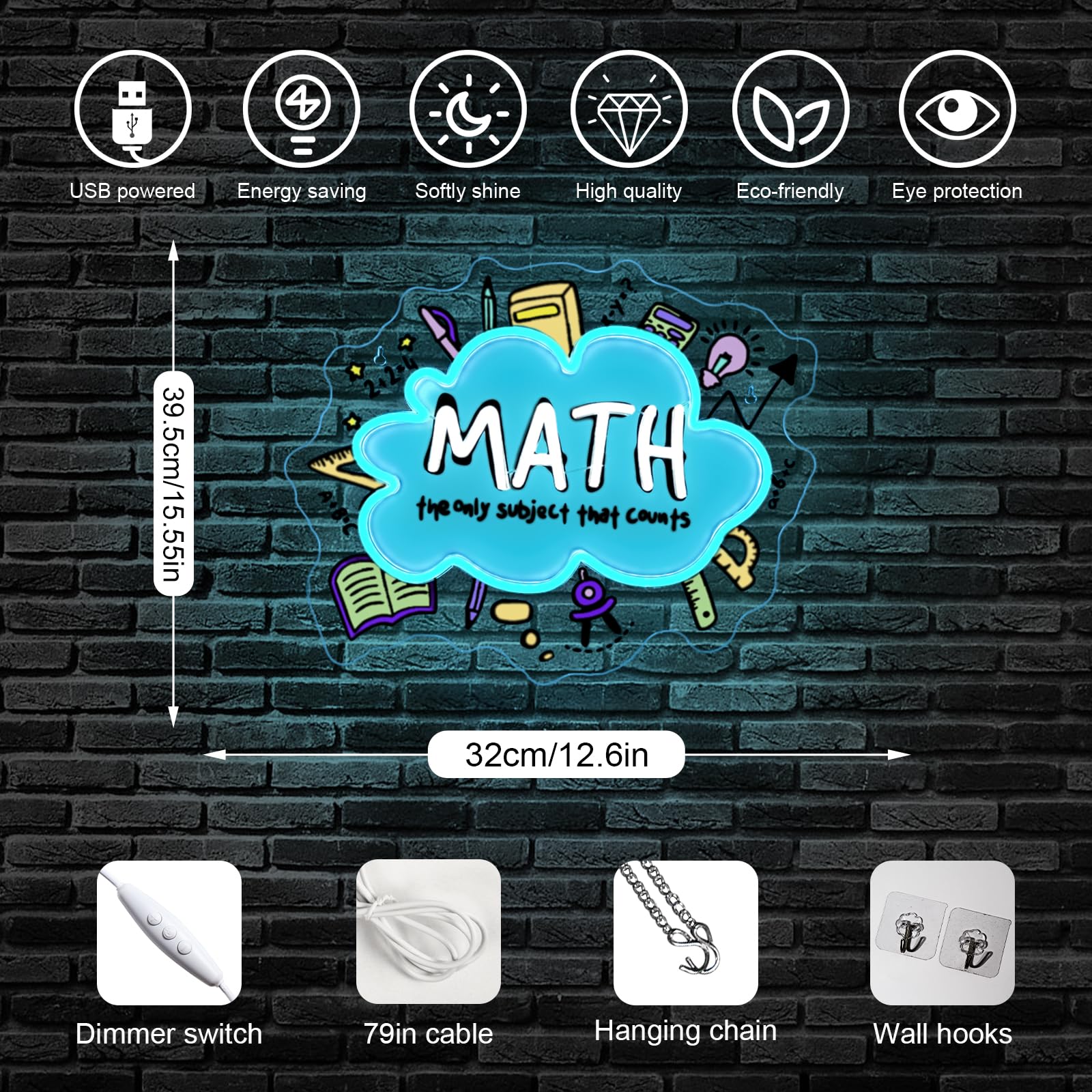 Horseneon Math Neon Sign Educational Led Wall Decor For Classrooms  Study Rooms & Math Teacher Gifts  Usb-Powered With Adjustable Brightness  Scientific-Themed Lighting