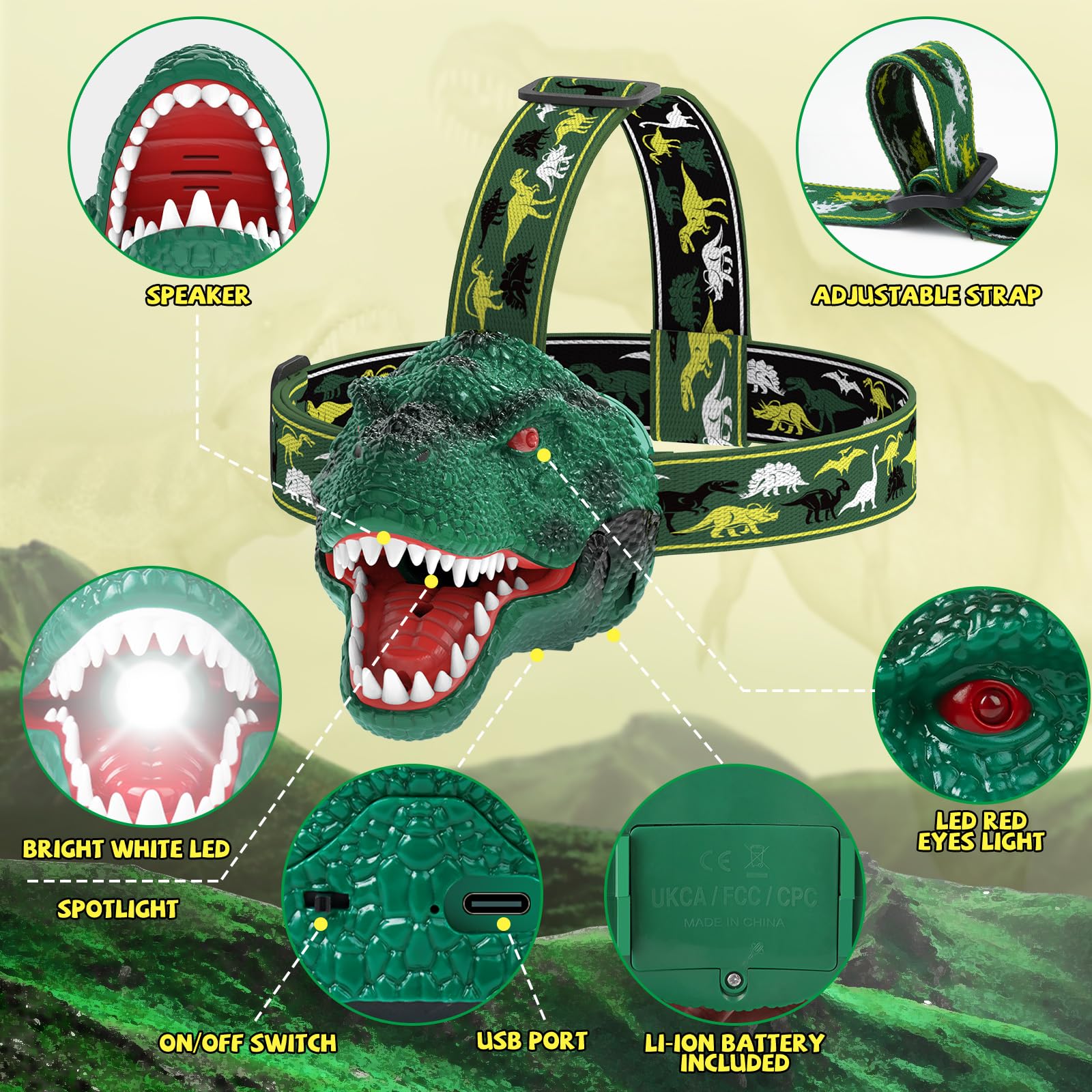 Nitigo Dinosaur Headlamp For Kids Flashlight Rechargeable Led Headlights Roar & Silent Mode, T-Rex Dinosaur Toys For Kids 3-5 4-6 5-7 6-8, Camping Gear, Gifts For Boys Girls Adults