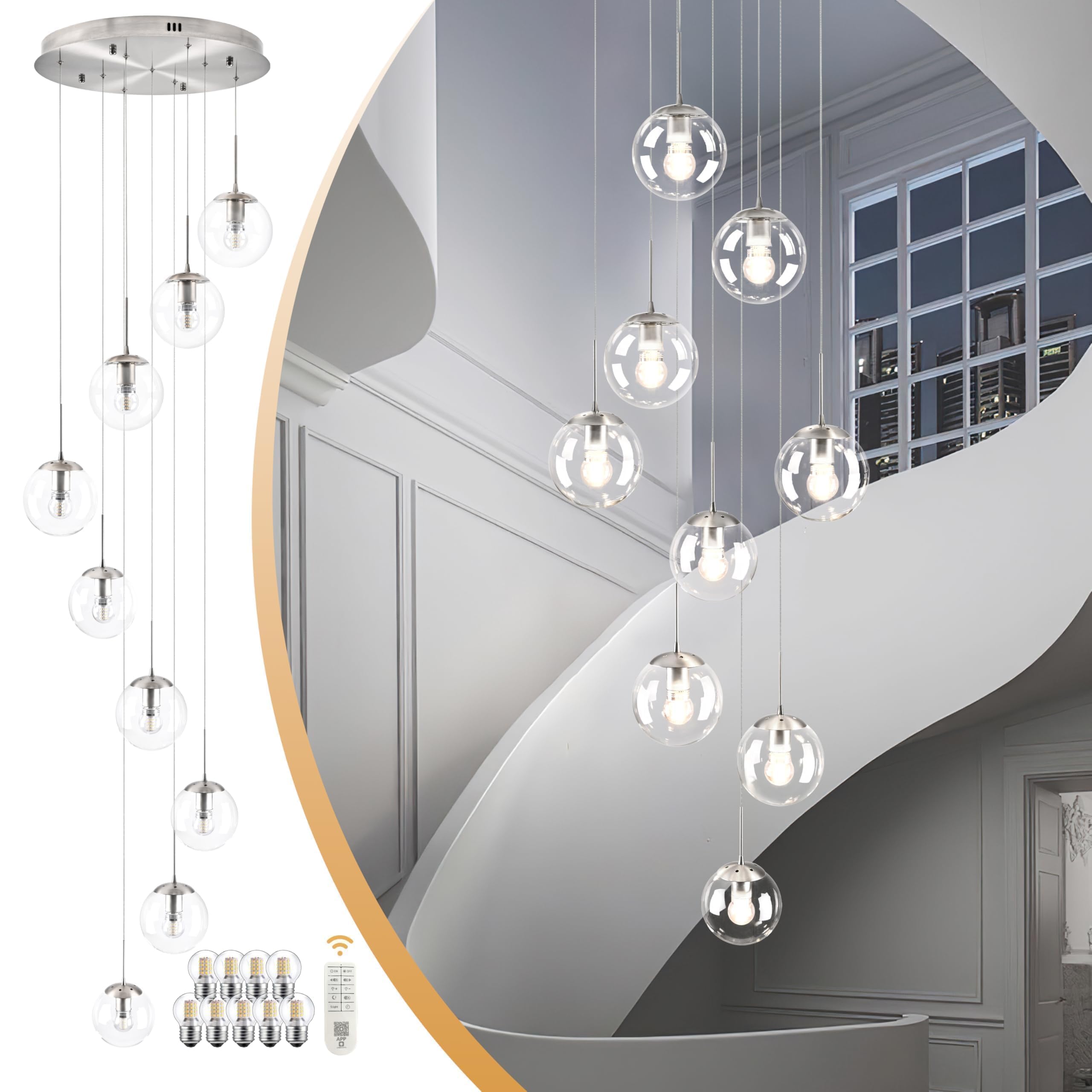 Koko&Yukina 9-Light Globe Glass Pendant Light Adjustable Length Pendant Lights Fixtures Modern Nickel Clear Globe Glass Chandeli