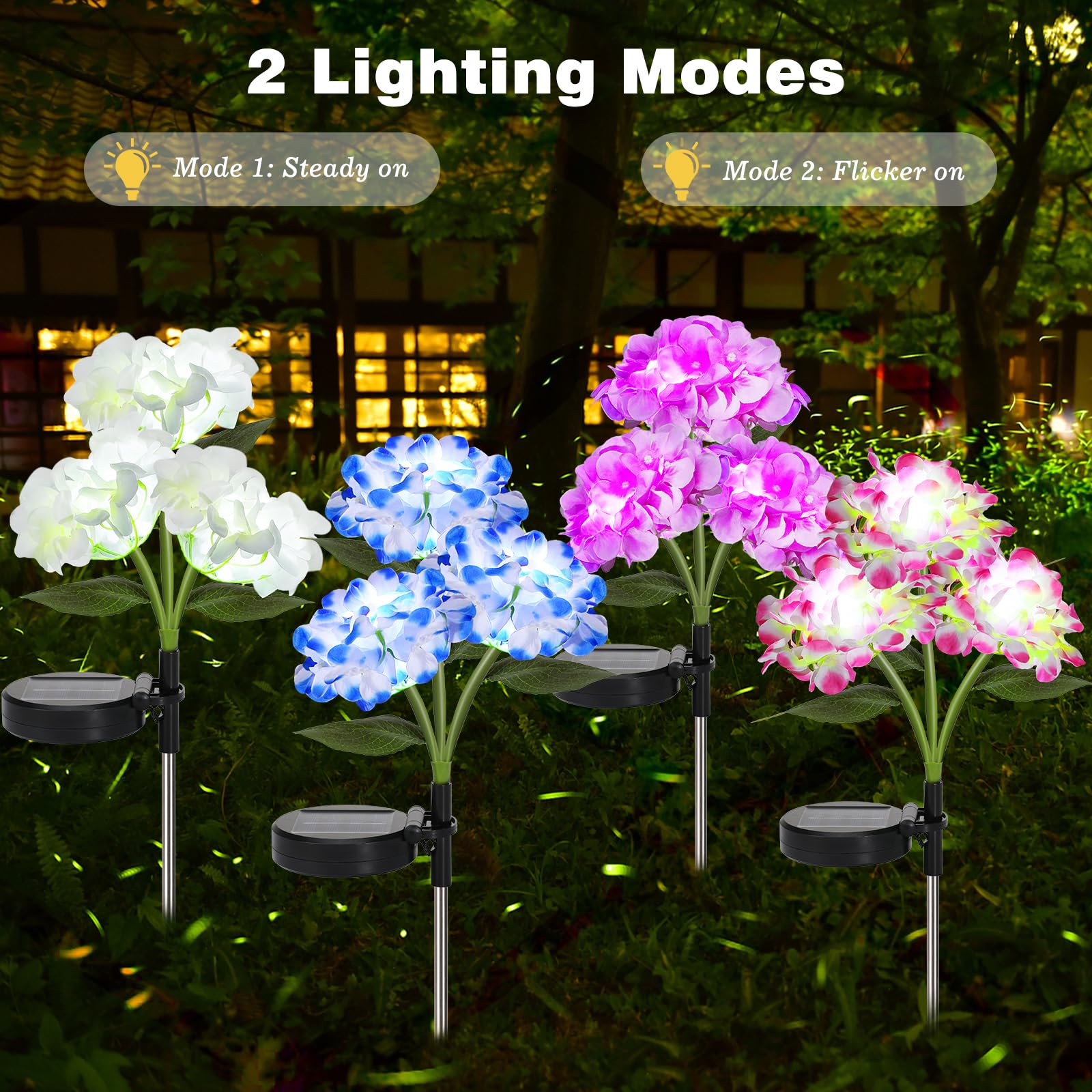 Lewondr 4 Pack Solar Garden Lights, Solar Flowers Lights With 4 Blooming Hydrangea Flowers, Waterproof Solar Lights Outdoor For