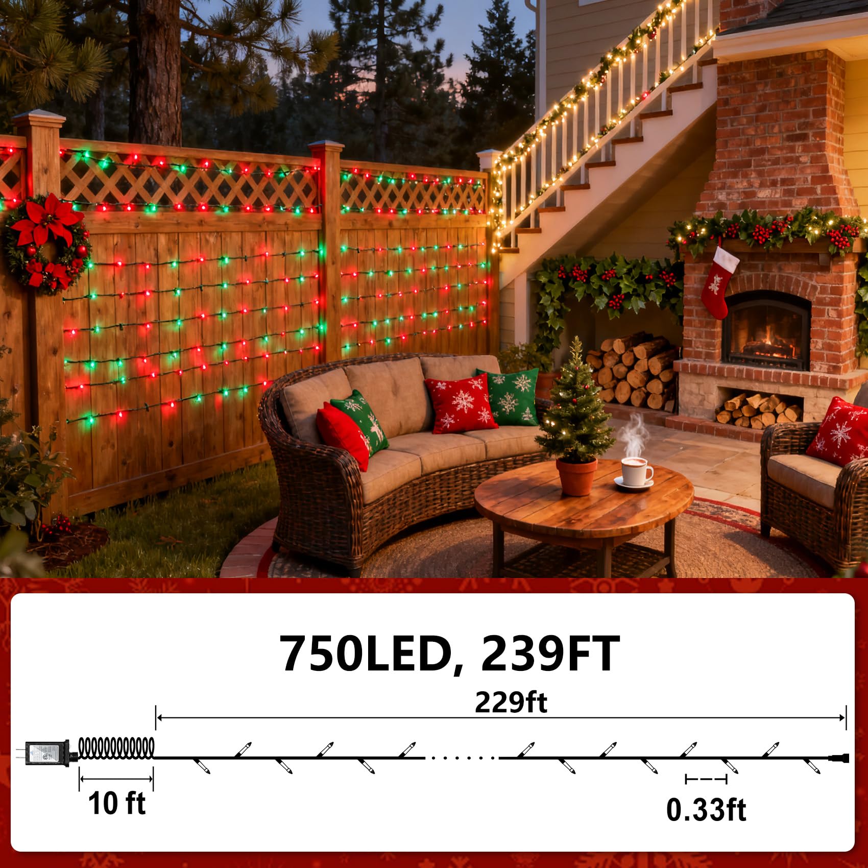750 Led Christmas String Lights Outdoor  240Ft Twinkle Fairy Lights With Timer & Memory  12 Modes Dimmable Waterproof Tree Light For House Patio Wedding Party Christmas Decororations  Red & Green