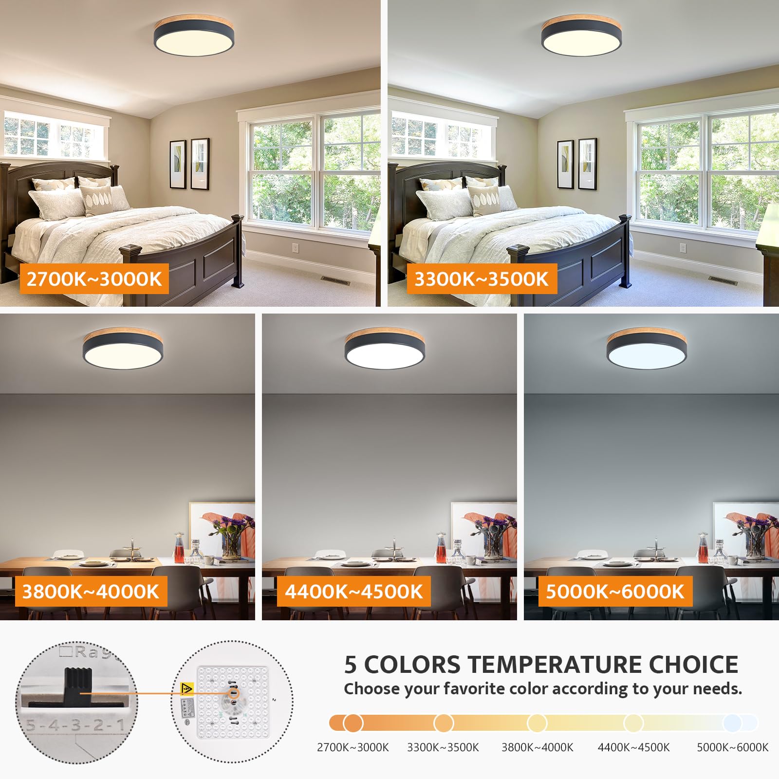 Yiisem Dimmable Wood Led Flush Mount Ceiling Light, 5Cct 2700K-6000K Modern Round Close To Ceiling Lighting Fixtures, Minimalist