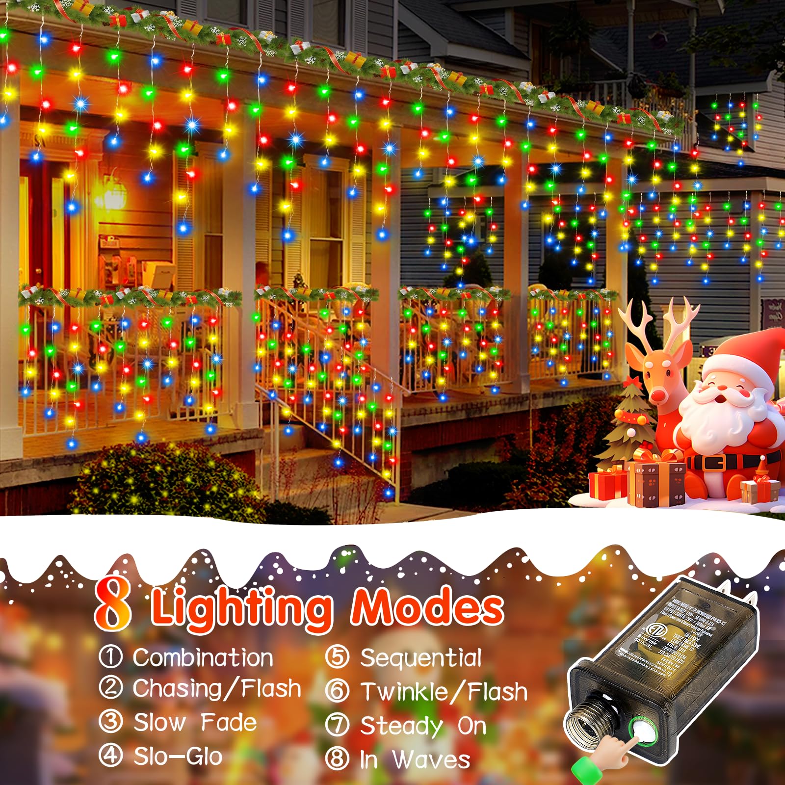 Jrewdoin 33Ft 400Led Christmas Lights Outdoor Waterproof Curtain Lights With 8 Modes Timer Hanging Fairy Lights Plug In String Lights For Holiday Wedding Party Decoration(Multicolor)