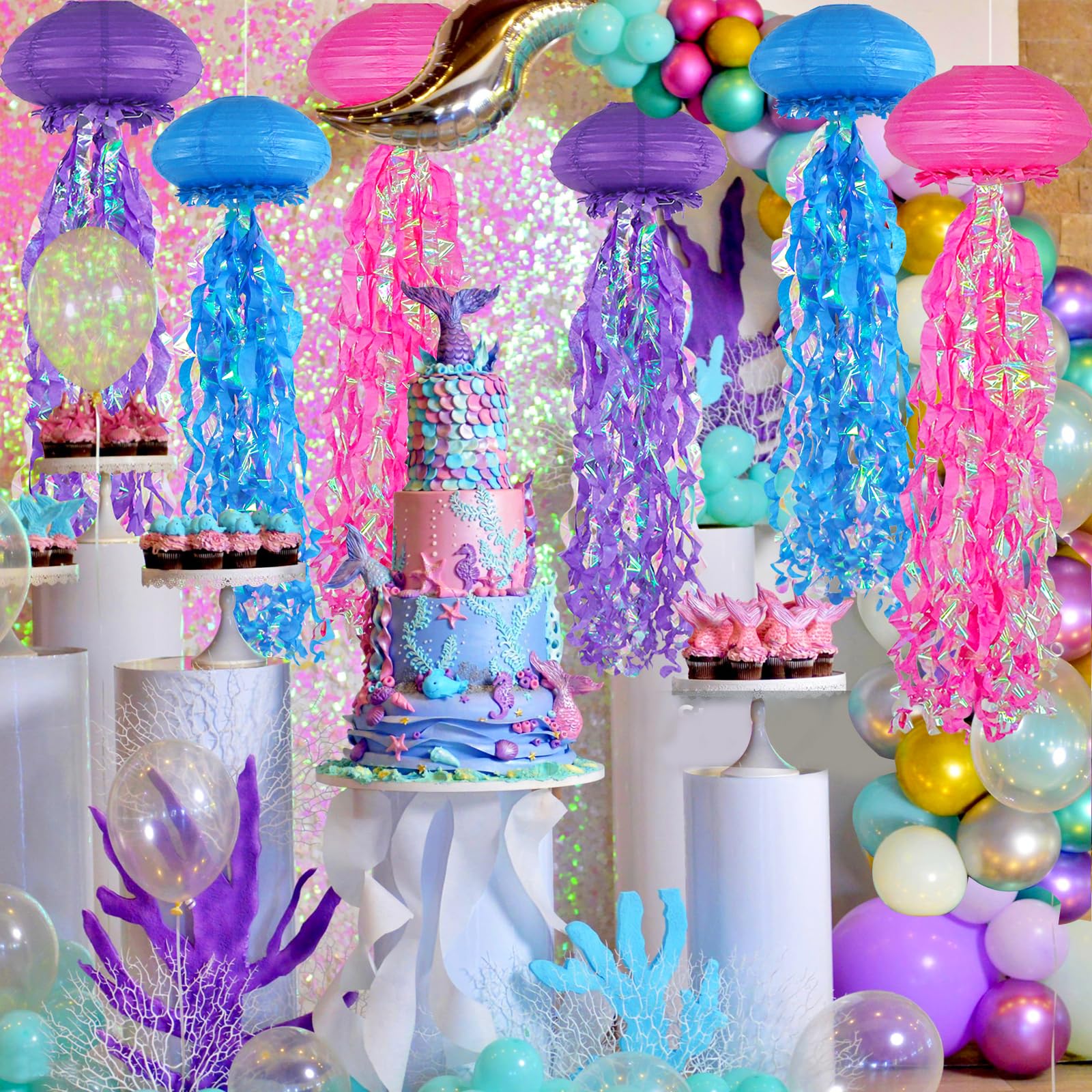 Jellyfish Paper Lanterns, Under The Sea Party Decorations, Dark Pink Blue Purple Hanging Jelly Fish Lantern For Kids Birthday De