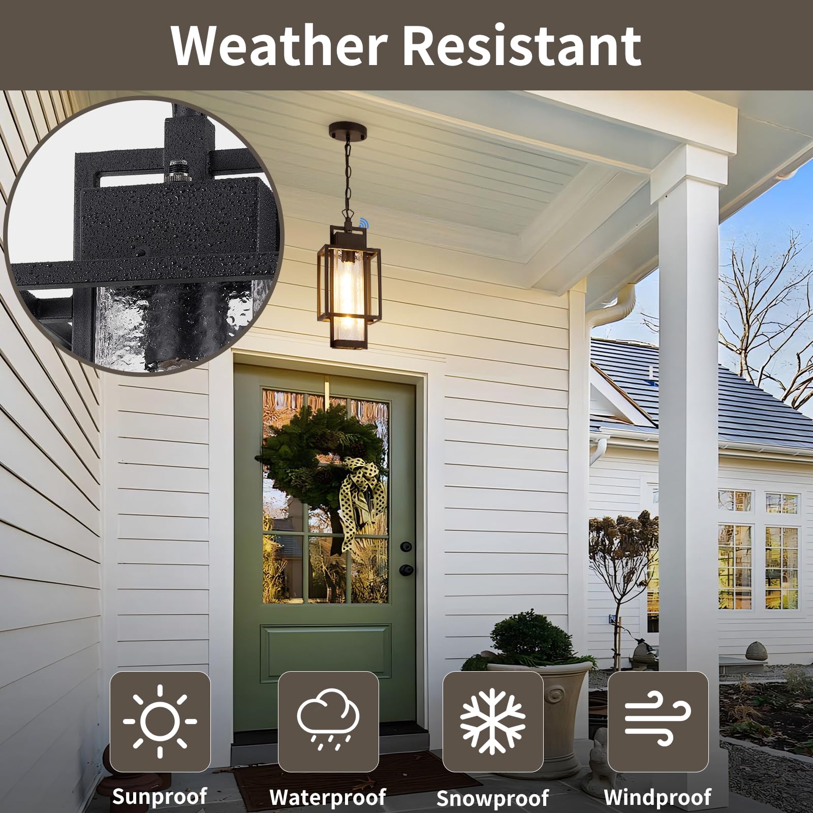 Osimir Outdoor Pendant Light Fixture, 16'' Dusk To Dawn Exterior Chandelier Porch Hanging Light With Bubble Glass, Modern Black