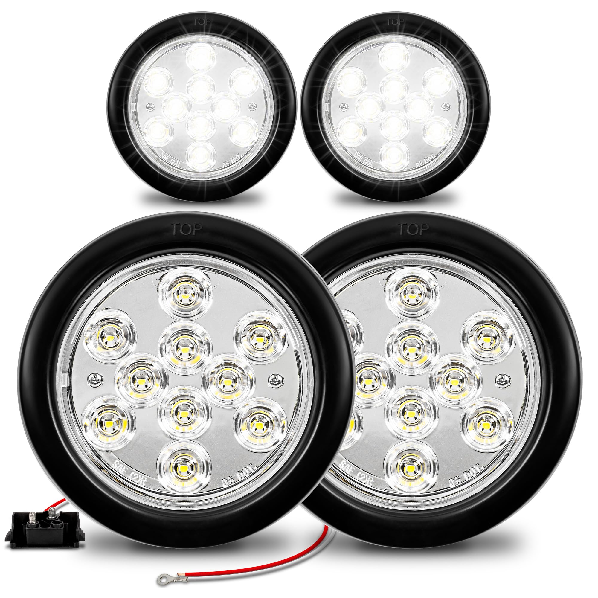 True Mods 4Pc 4'' Round Clear White 10 Led Trailer Tail Lights [Dot Fmvss 108] [Sae (2)R] [Grommet & Plug] [Ip67 Waterproof] Rev