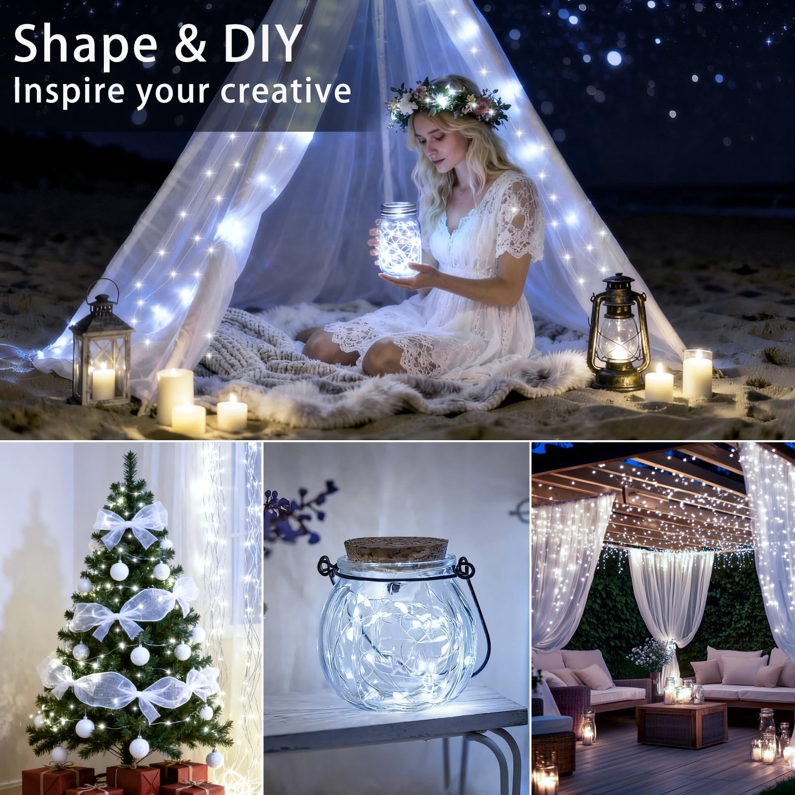 Vookry 30 Led Fairy String Lights - 10Ft Mini Silver Wire, Cool White, Battery Operated, 8 Pack For Crafts & Party Decor