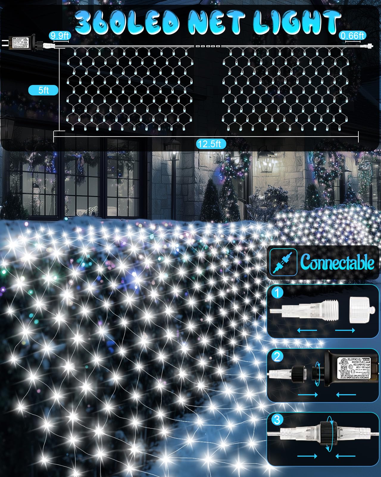Coroor Christmas Net Lights, 360 LED Outdoor Mesh Lights, 12ft x 5ft, Cool White, Waterproof, 8 Modes, Model C-360-WD-W02