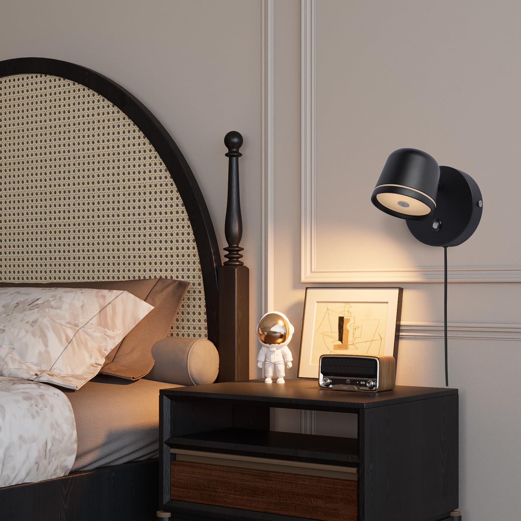 Aisilan Plug In Wall Sconce With On Off Switch, Led Wall Mounted Lights For Bedroom, 7W Dimmable Black Sconces Wall Lighting, Ad