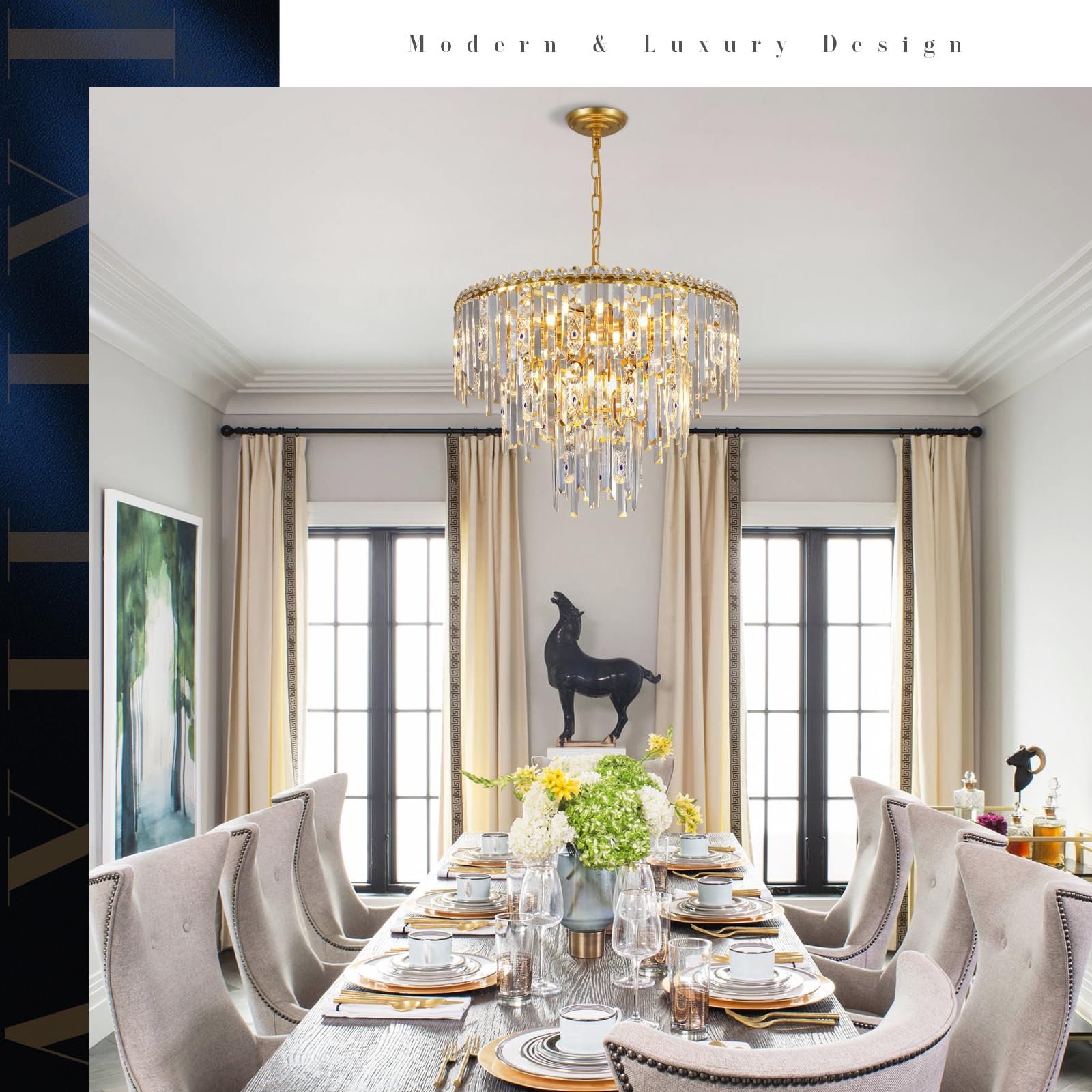 A AXILIXI Gold Crystal Chandelier, 24" Modern 3-Tier 12-Light Ceiling Fixture for Dining Room, Foyer, Living Room - Model DH55103-600