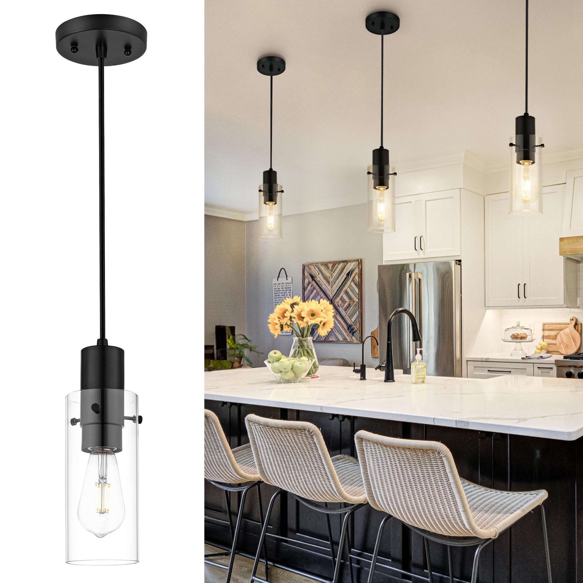 Emak Modern Mini Pendant Light Fixtures, Black Pendant Lights Kitchen Island with Clear Glass Shade, Farmhouse Hanging Lights fo