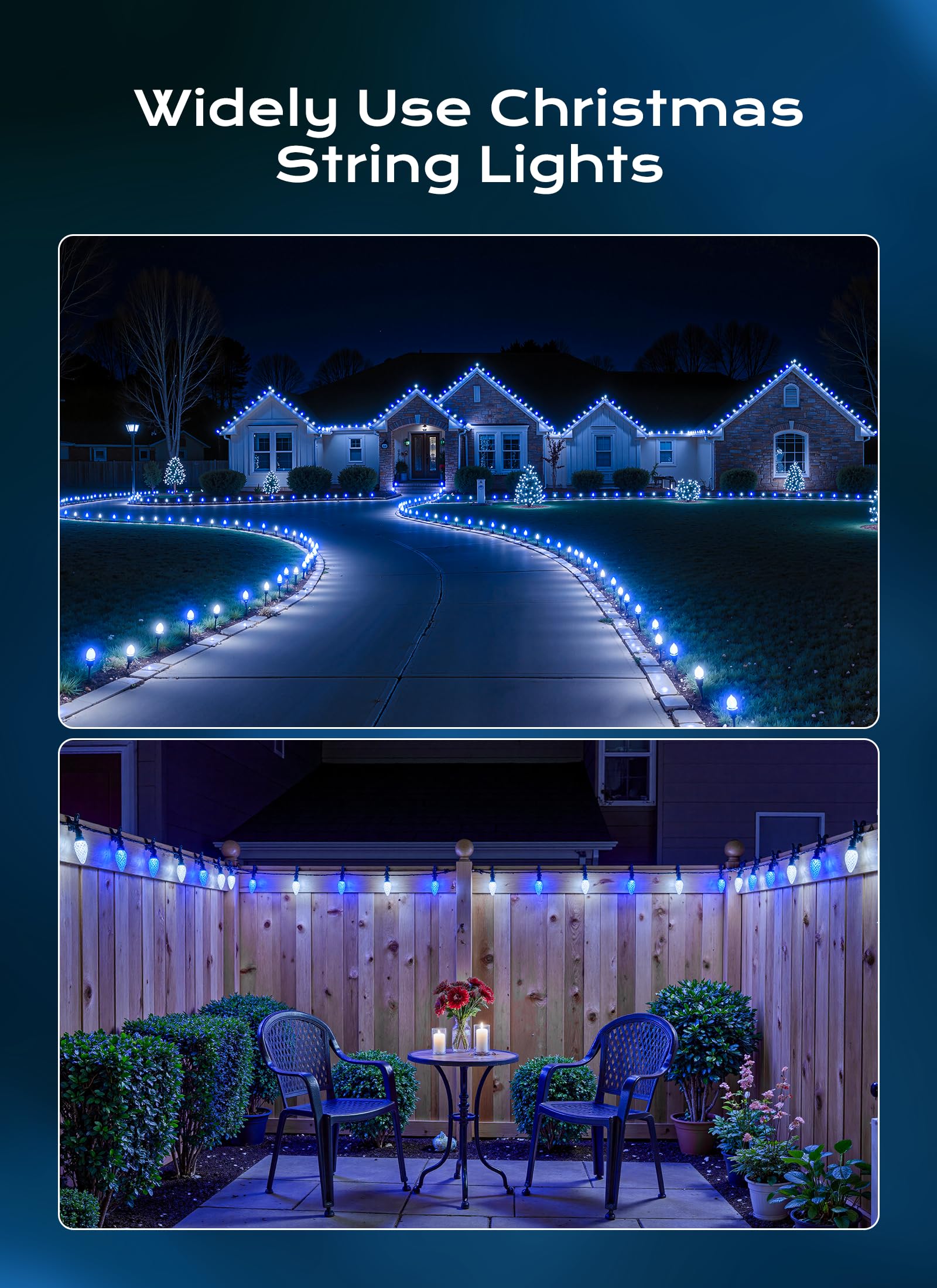 C9 Christmas Lights Outdoor  66 Ft 100 Led Connectable C9 String Lights With 8 Modes And Timer Xmas Tree Patio Roofline Garden Yard Holiday Party Indoor Outdoor Decoration  Blue And White