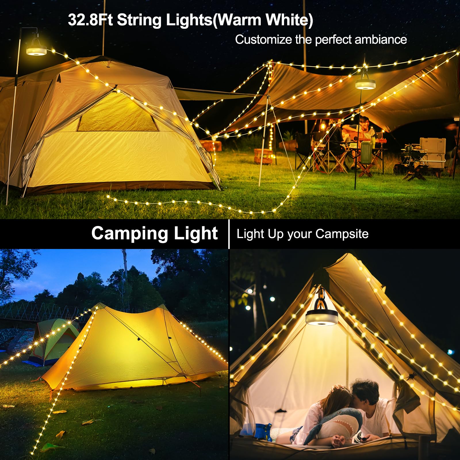 SMY Lighting 3 in 1 Camping String Light, Rechargeable 32.8Ft, Warm White, USB, Army Green, Model SMY-CPL-01