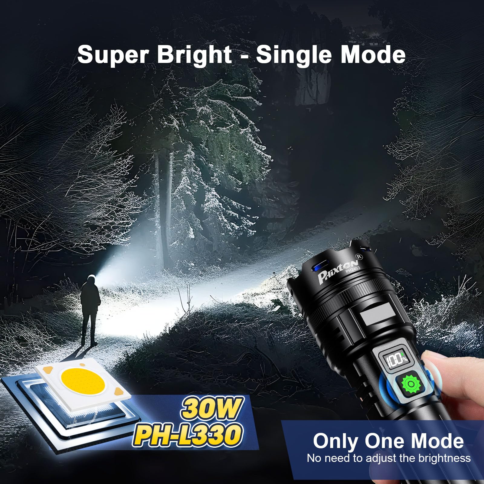 PHIXTON Rechargeable Flashlight 1000000 Lumens, USB C, Aluminum, Black, Model PH2403, High Beam 3280 ft, Heavy Duty for Security & Hiking