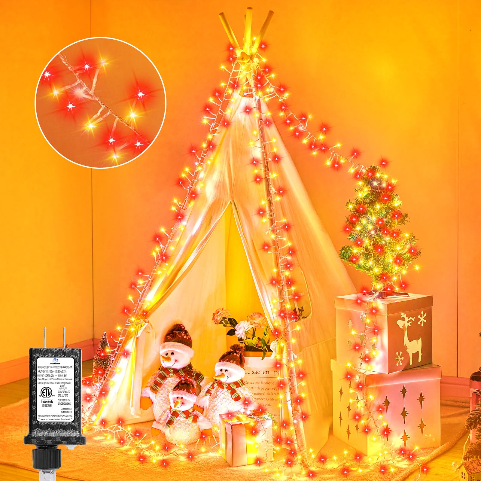 Minetom Christmas Cluster Lights - 200 LED 10FT Twinkle Fairy Lights, Waterproof, Red & Warm White, 12 Modes, Plug-in