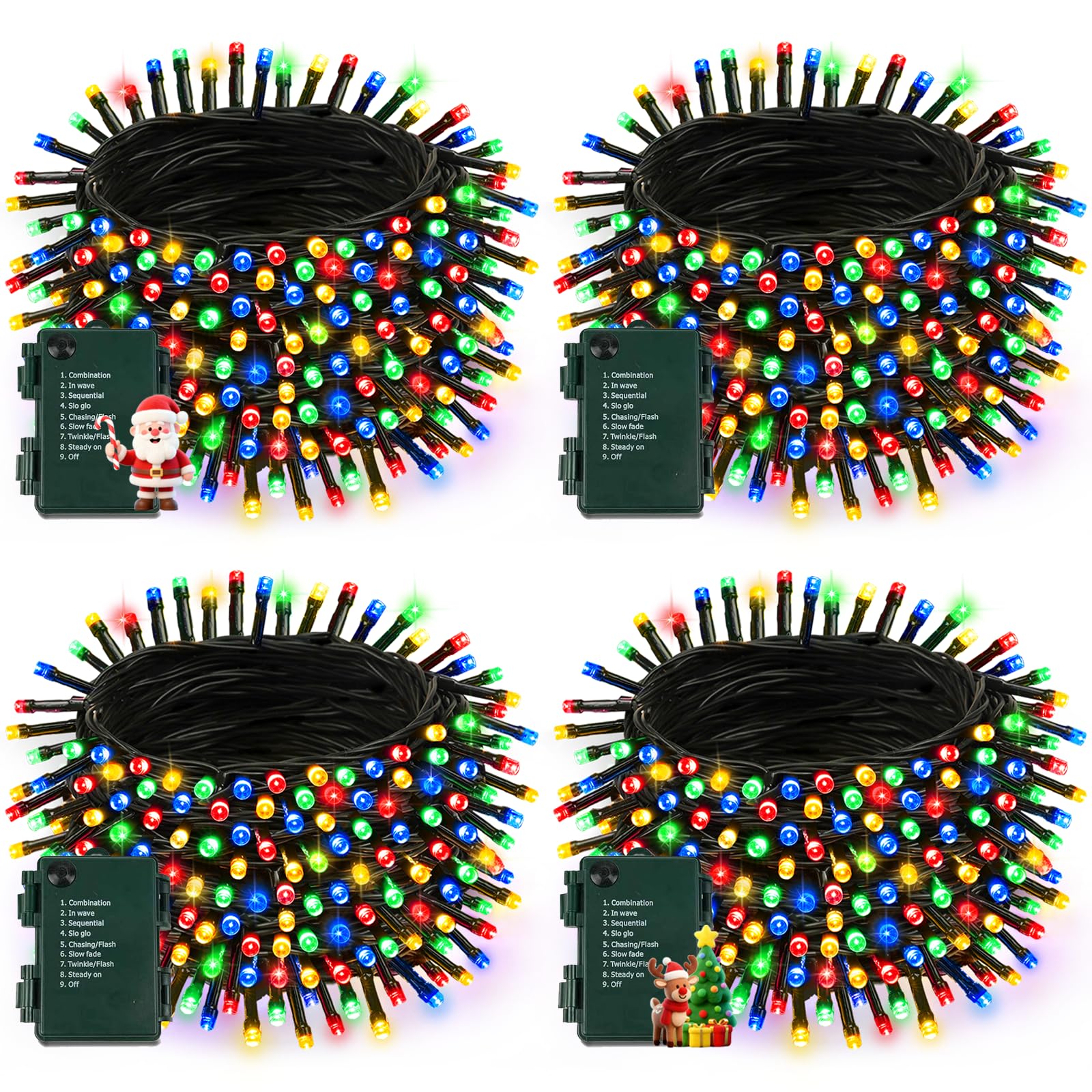 4 Pack Battery Operated Christmas Lights With Timer  132Ft 400 Led Waterproof Battery Twinkle Light  8 Modes Green Wire Fairy Light For Indoor & Outdoor Bedroom Tree Christmas Decorations (Multicolor)