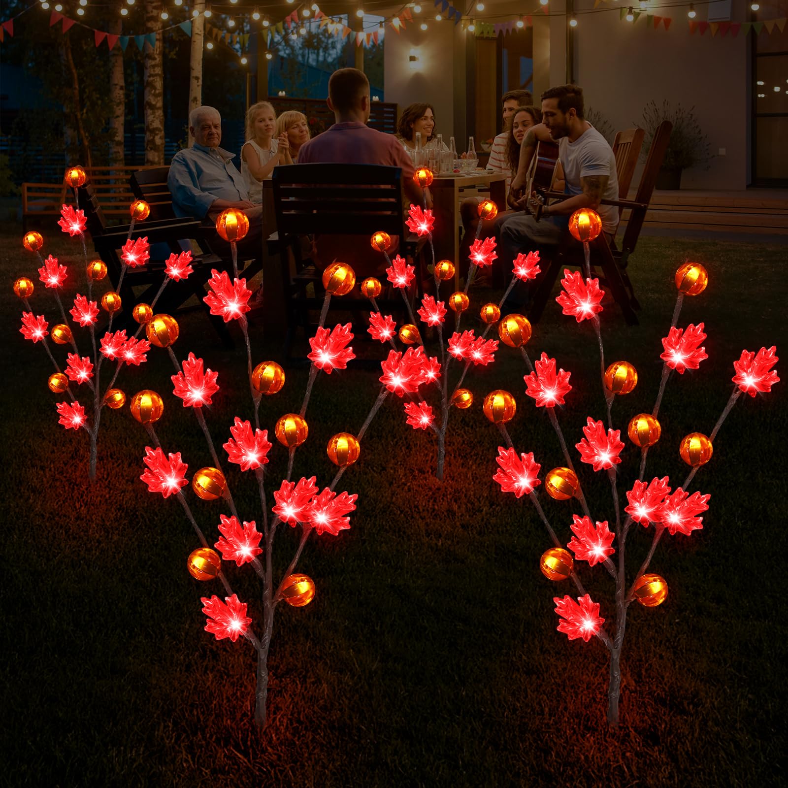 Behiller Solar Garden Path Lights, 80Led Red Maple Leaf & Pumpkin Decor For Thanksgiving 4Pack