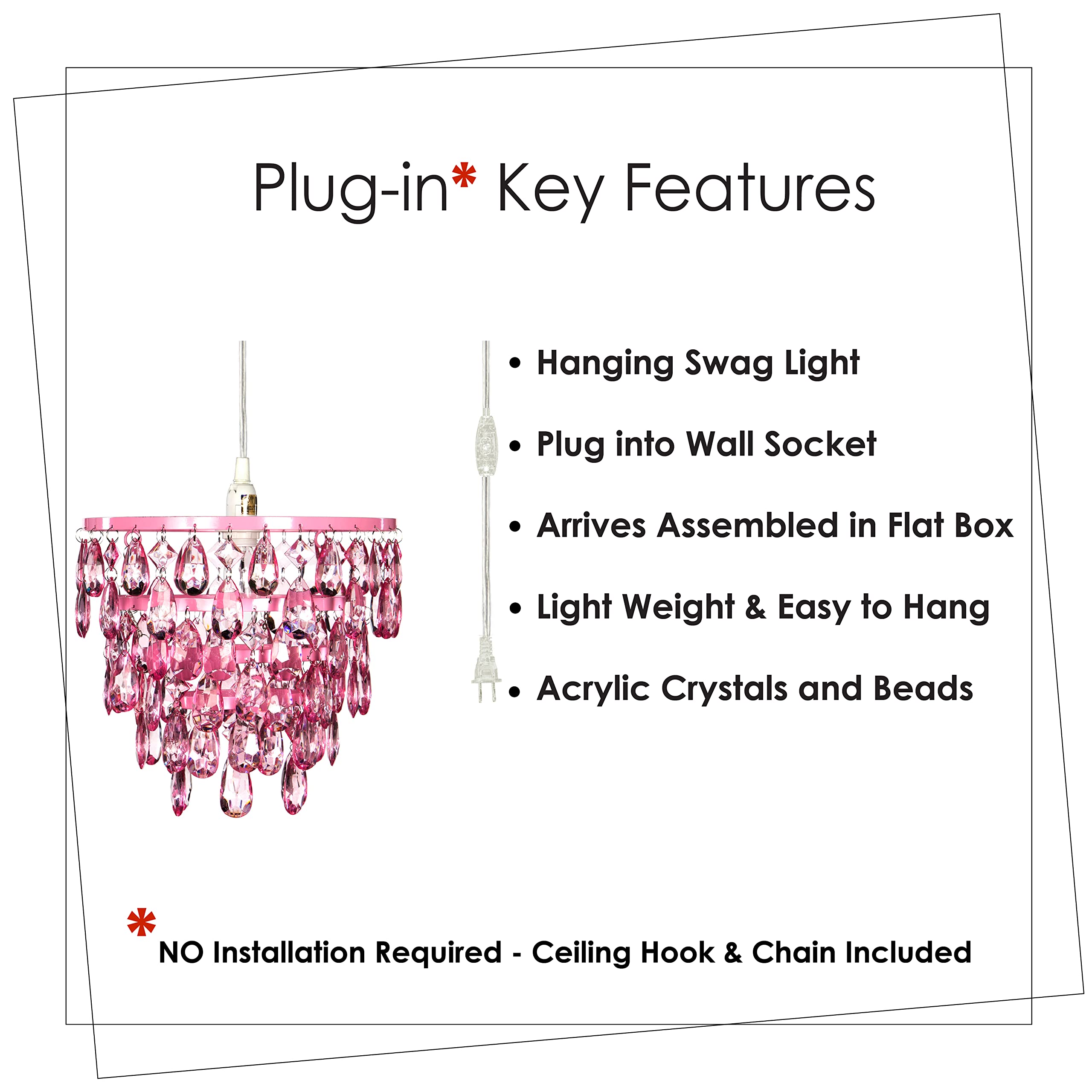 gypsy color Pink Hanging Swag Dome Chandelier, 1 Light Plug-in, Acrylic Crystals, H10”xW11.5”, Model GYDMPK