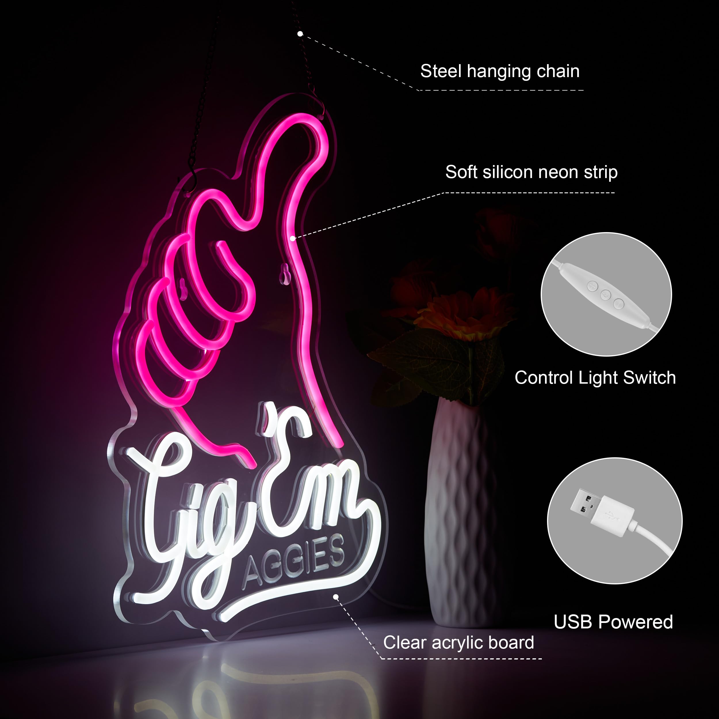 ZODZ Neon Sign for Wall Décor - Howdy Texas Aggies - Dimmable LED Light, 17 x 13 inches, Pink+White Acrylic