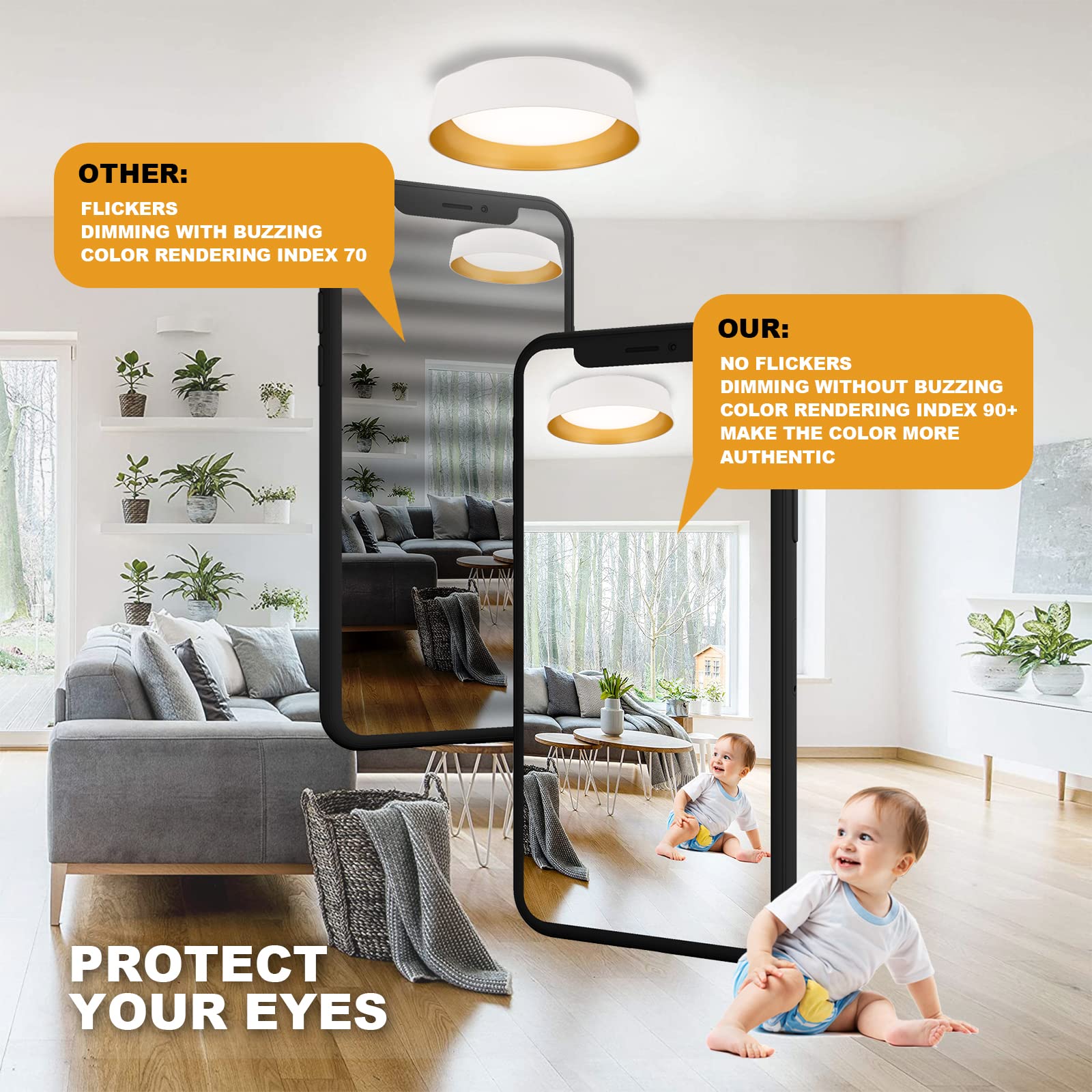 Flynix 12.5 Inch Led Flush Mount Ceiling Light Fixture, 26W, Super Bright 1350 Lumen, 3 Color 3000K/4000K/5000K, Matt White With Gold Inside, Dimmable Ceiling Lamp For Bedroom Hallway Bathroom Outdoor