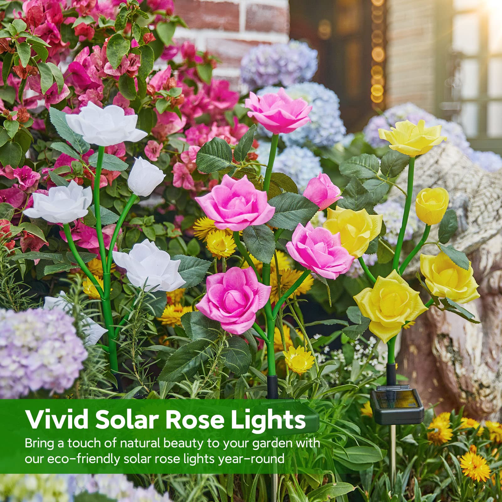 Rechoo Solar Garden Lights Outdoor Decorative, 3 Pack Solar Flower Lights With 15 Rose Flowers, Multi-Color Changing Led Waterpr