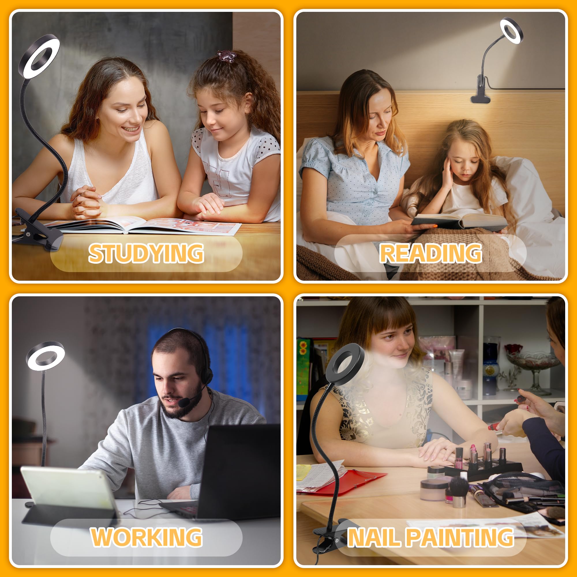 Foneso Clip-On Desk Lamp - 48 LED, 3 Color Modes, 10 Brightness Levels, 360° Flexible Gooseneck, Black, Model 1