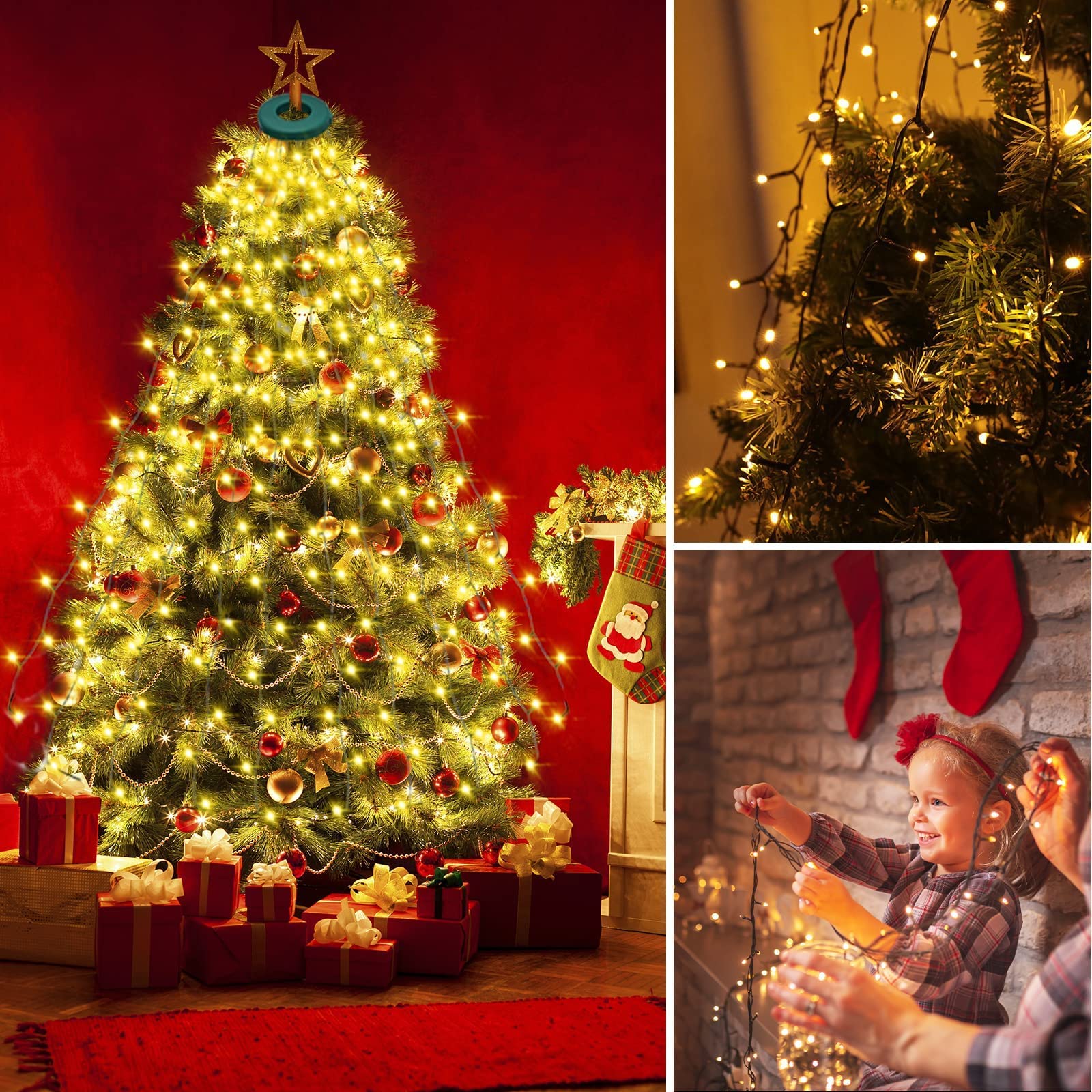 Vil Christmas Tree Lights With Ring, 8.2Ft 16 Line 448 Led Fairy String Lights Plug In, 8 Lighting Modes, For Indoor Outdoor Xmas Tree Wedding Party Decoration (Warm White)