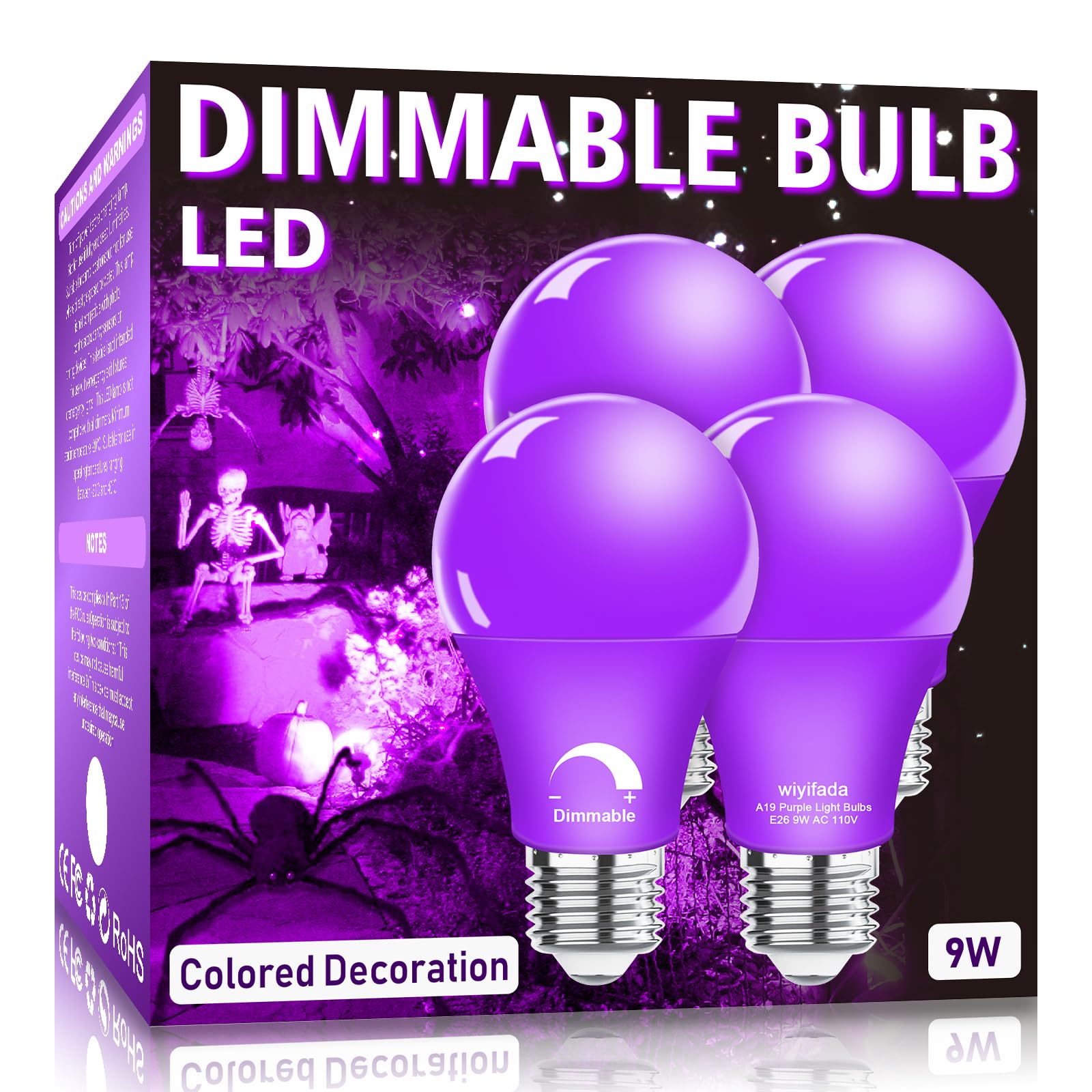 Wiyifada Led A19 Purple Light Bulb 4 Pack, 9W Purple Led Light Replace Up To 100W, E26 Base Ac110V Dimmable Colored Light Bulb F