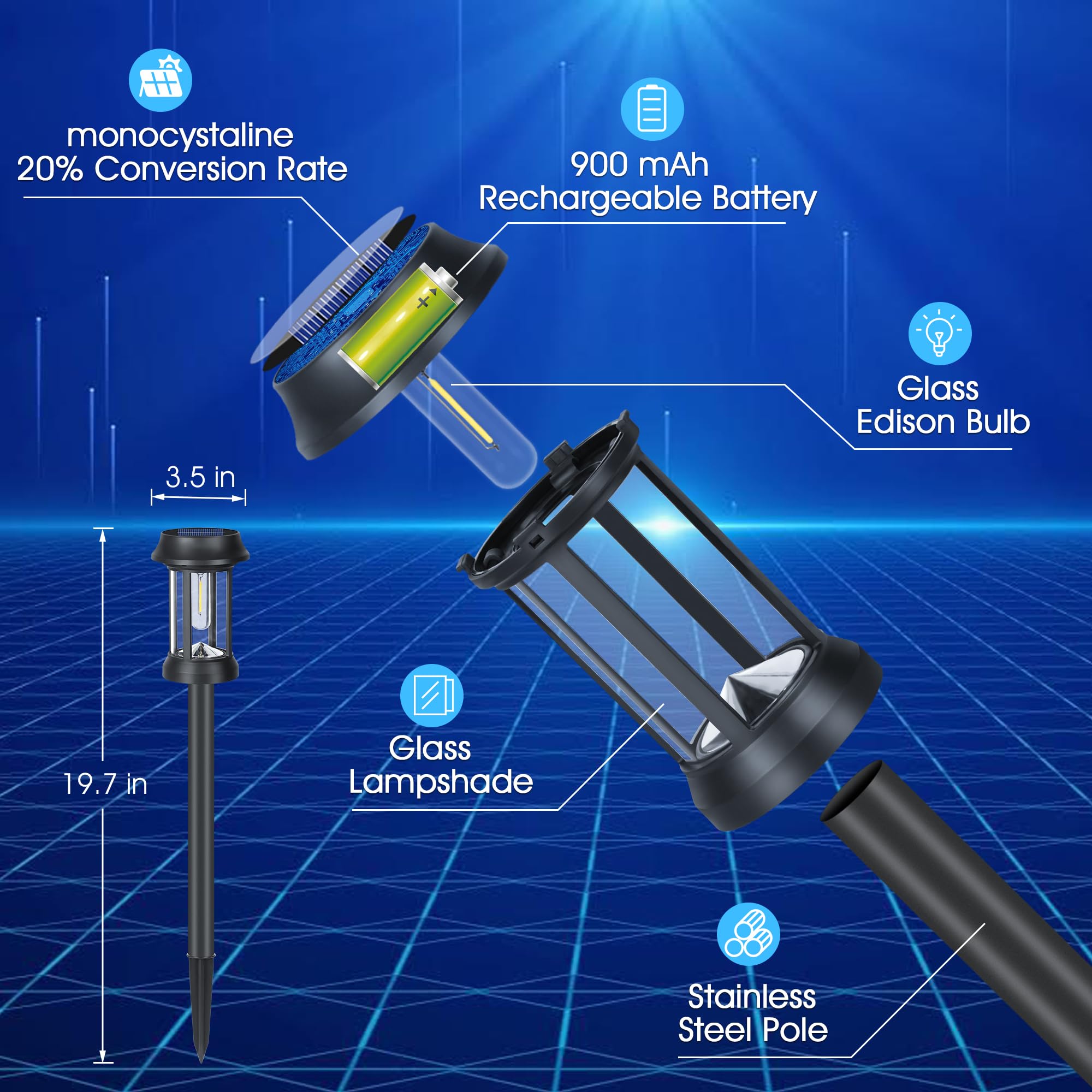 Eyrosa Solar Pathway Lights, 8 Pack Glass Solar Lights Outdoor, Solar Stake Lights Landscape Lighting For Outside Path Walkway D