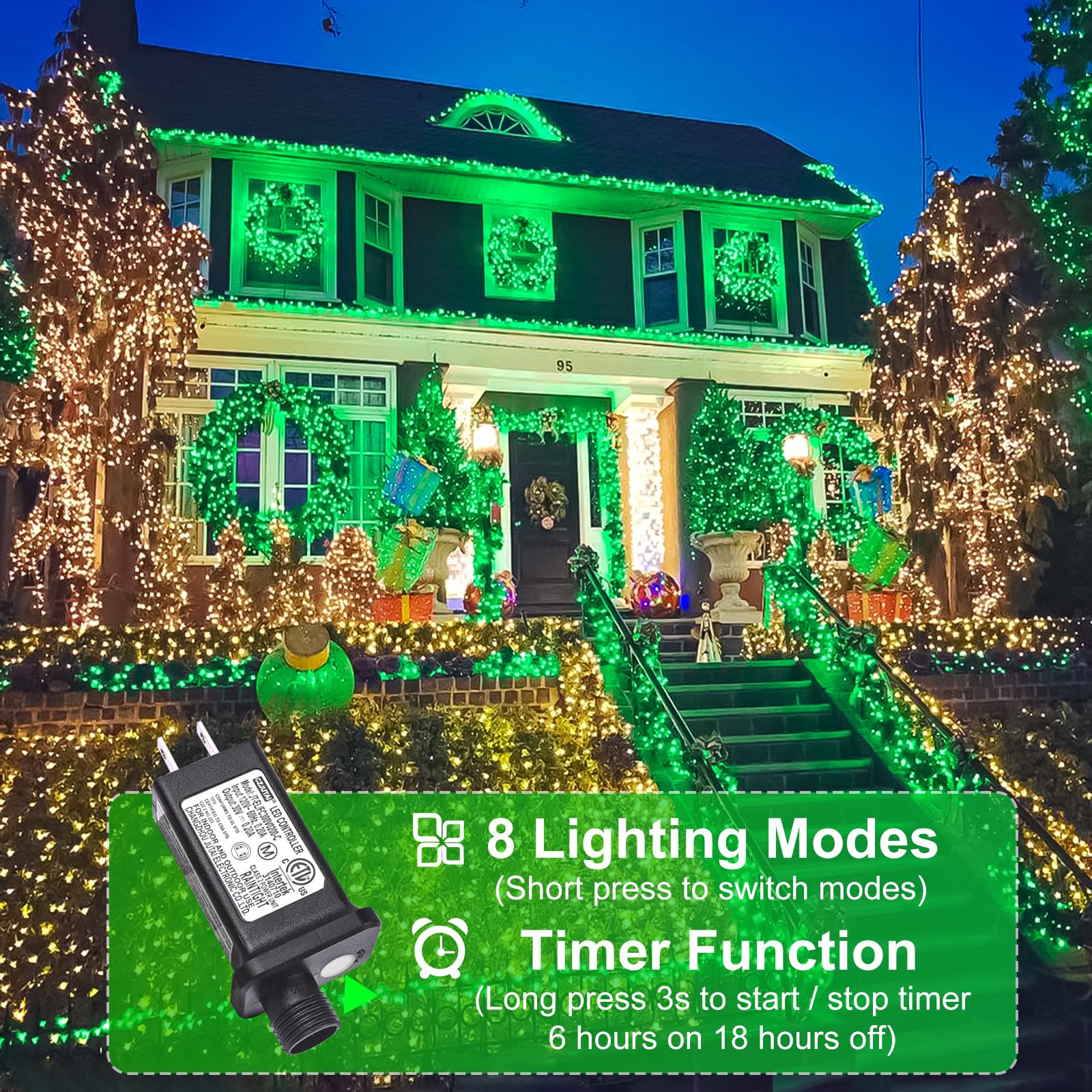 2 Pack Christmas Lights Outdoor, Total 200Ft 600Led Christmas Tree Lights With 8 Modes Waterproof, Green Wire String Lights For