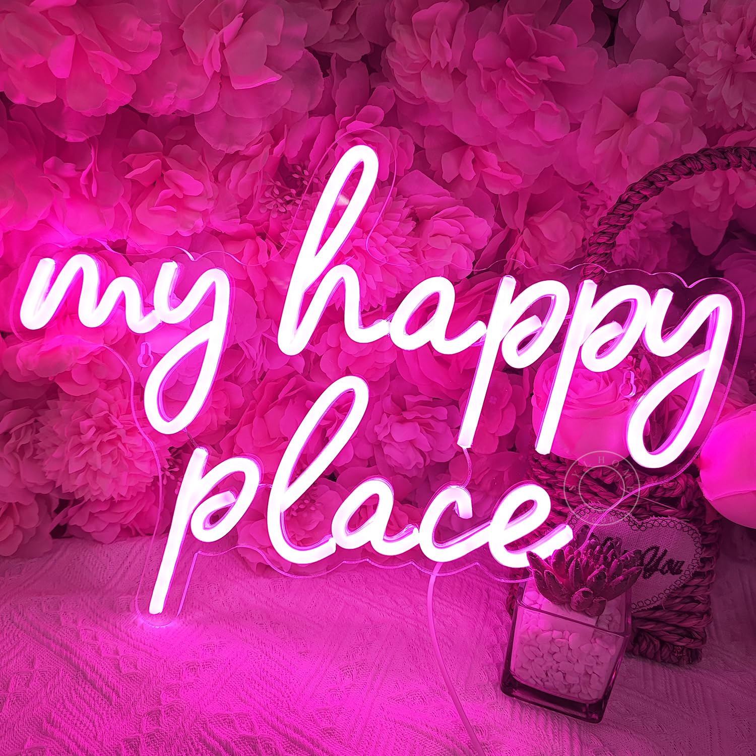 SYLHOME LED Neon Light Sign, Pink My Happy Place, 15.8in x 11.2in, Acrylic, Model NS-ZF5V-AMZ-myhappyplace-P