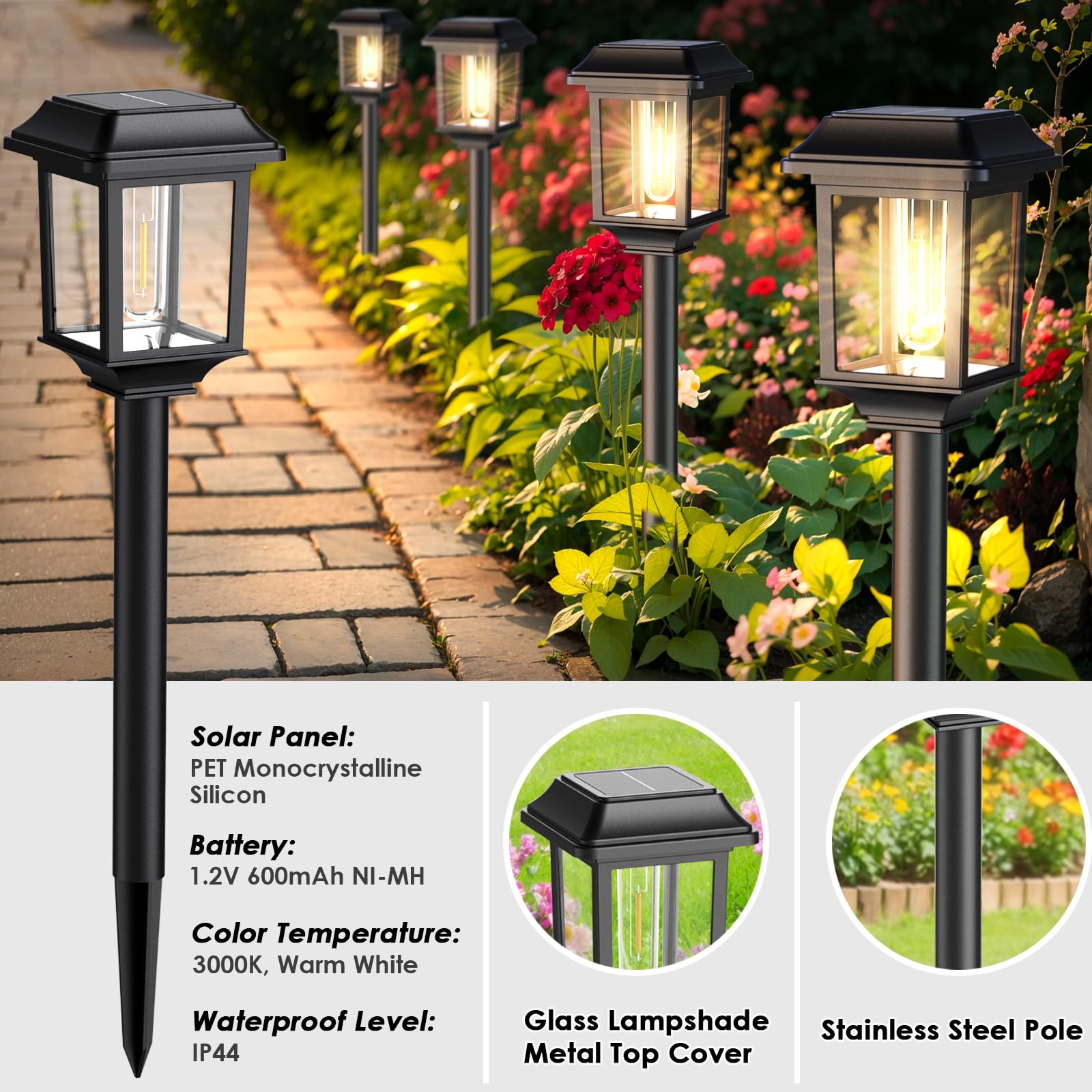 Mancra Solar Path Lights, 8 Pack Waterproof Metal Glass, Warm White Outdoor Garden Decor for Landscape, Yard, Patio, Driveway