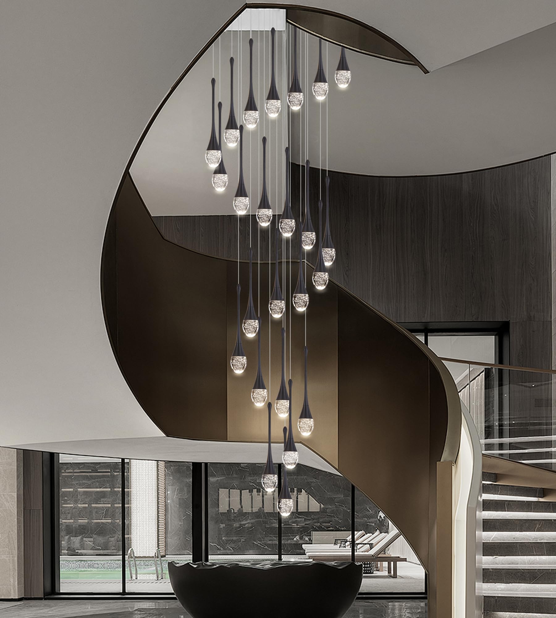 Upfelw Modern Crystal Staircase Chandelier, 24 Lights, Black Metal, H138'' Dimmable LED, Model UCC-B24-0436, Remote Control