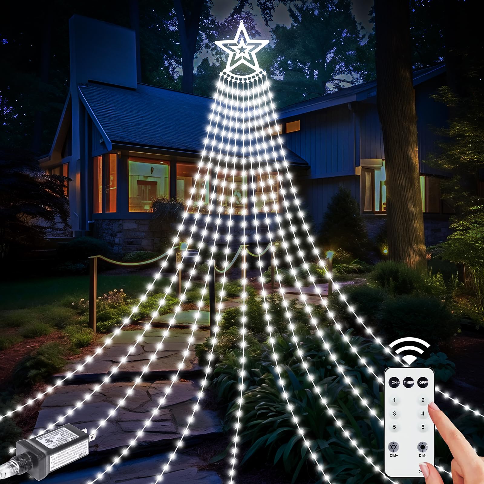 Christmas Decorations Waterfall Lights Outdoor  26.25FT 906 LED Christmas Star String Light wth 8 Lighting Modes  Remote Control Hanging Tree Lights for Holiday Xmas Tree Patio Yard Decor  Cold White