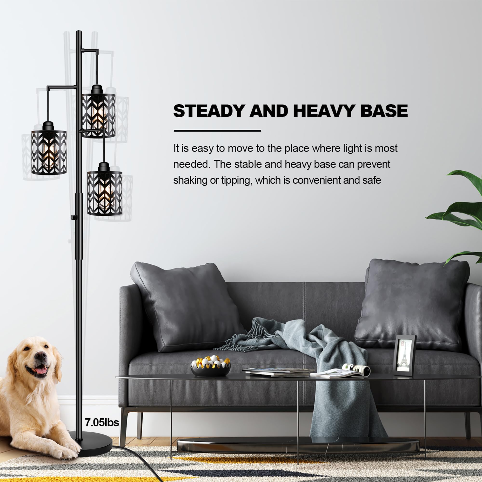 ROTTOGOON Dimmable Floor Lamp, Industrial Metal Design, 68in Tall, Black, Model RODLLDD24314 with 3 LED Bulbs