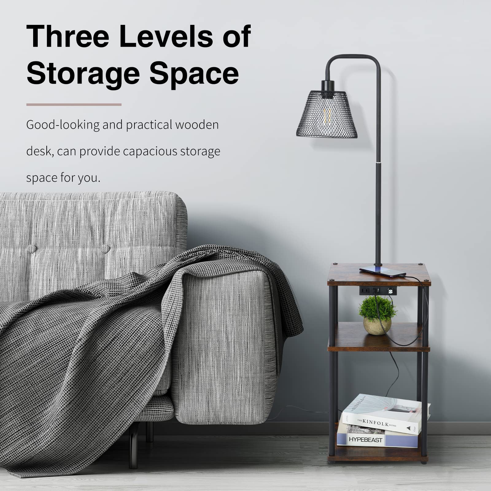 Pazarfami Floor Lamp With Table, Side Table With Usb Charging Port And Outlet, End Table With Floor Light For Living Room, Bedroom, Guest Room, Bulb Included (Black-2 Pack)