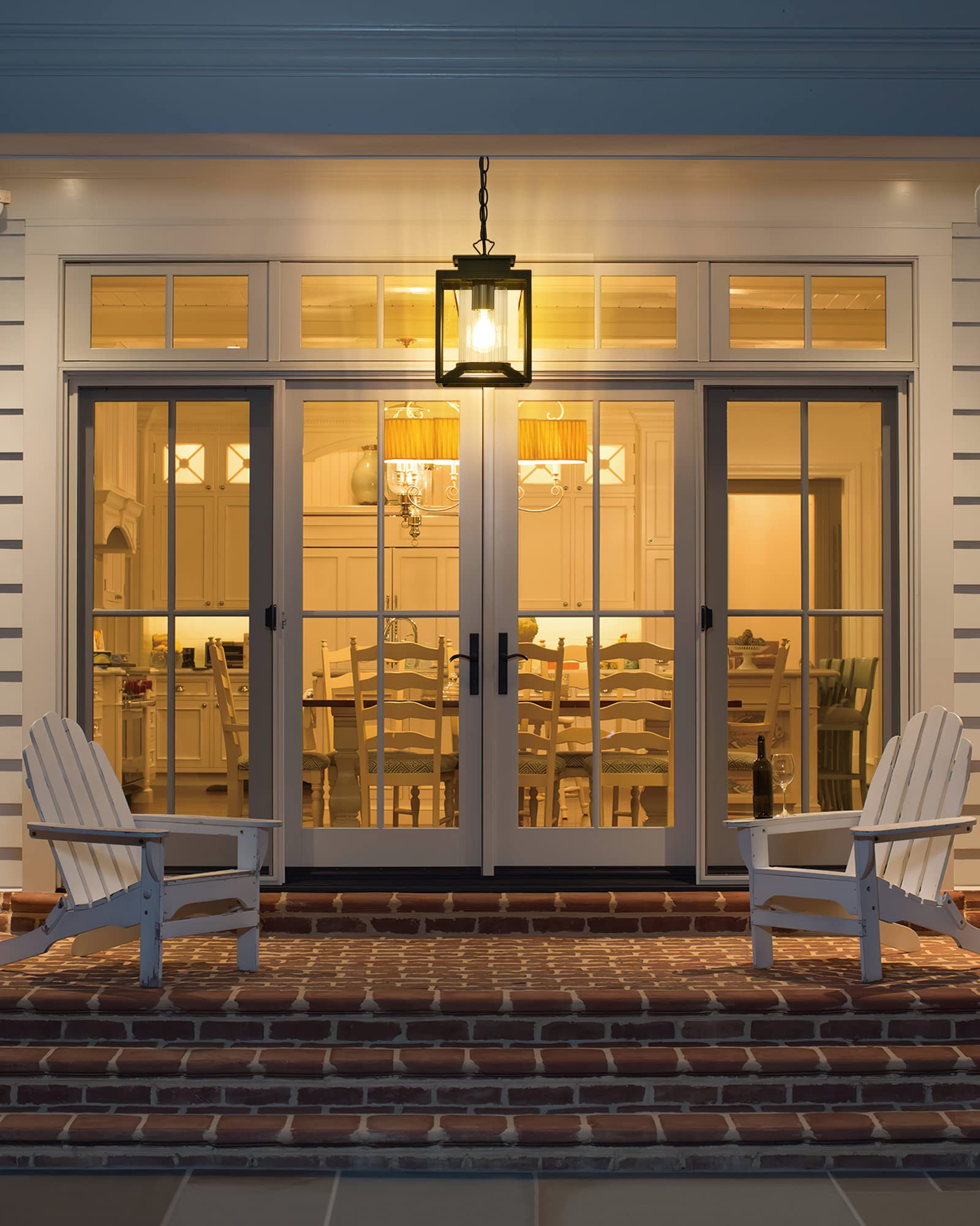 Osimir 1-Light Outdoor Pendant Light, Adjustable Chain, Black Metal With Clear Glass Lantern